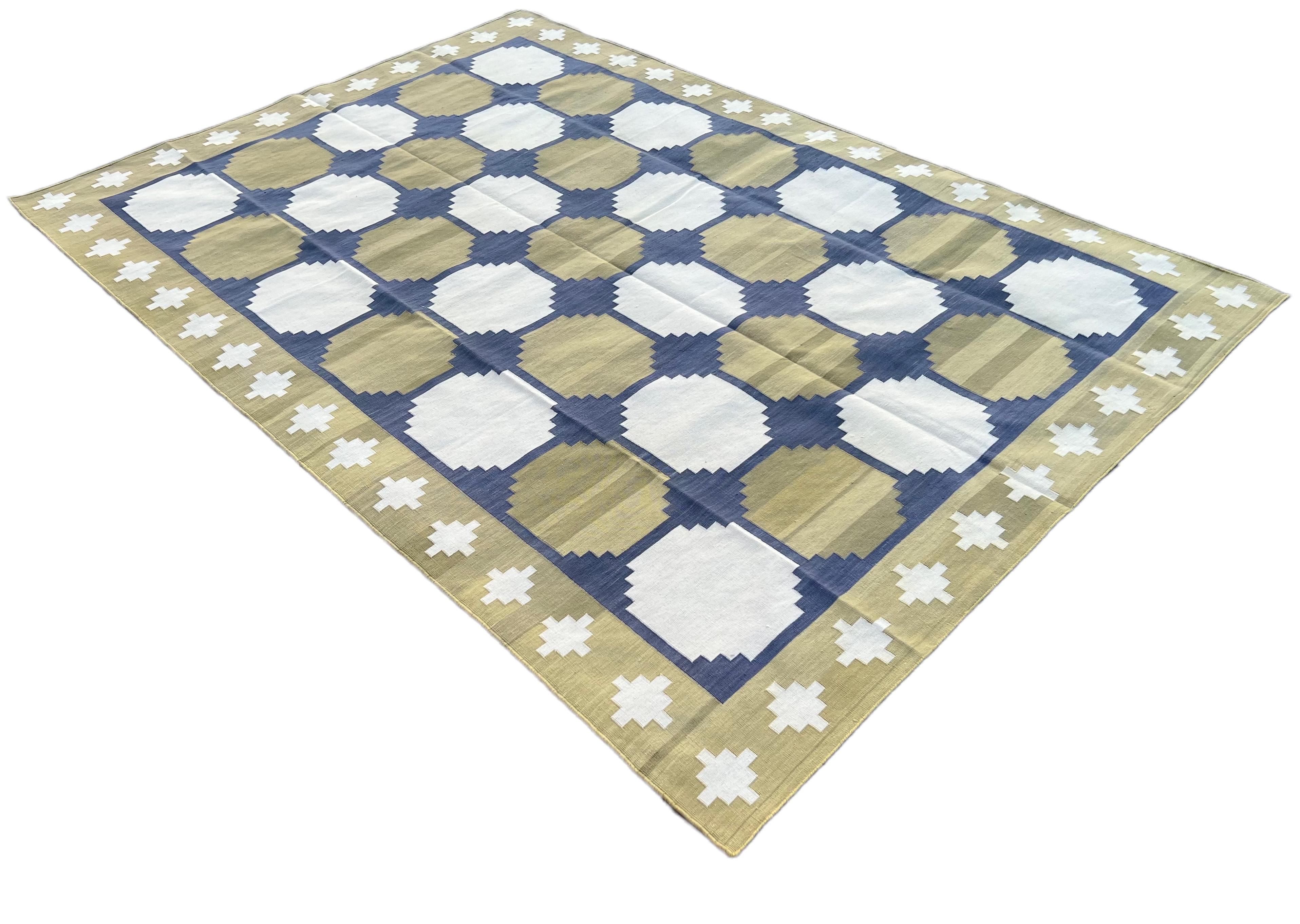 Hand-Woven Handmade Cotton Area Flat Weave Rug, 6x9 Green And Blue Geometric Indian Dhurrie For Sale