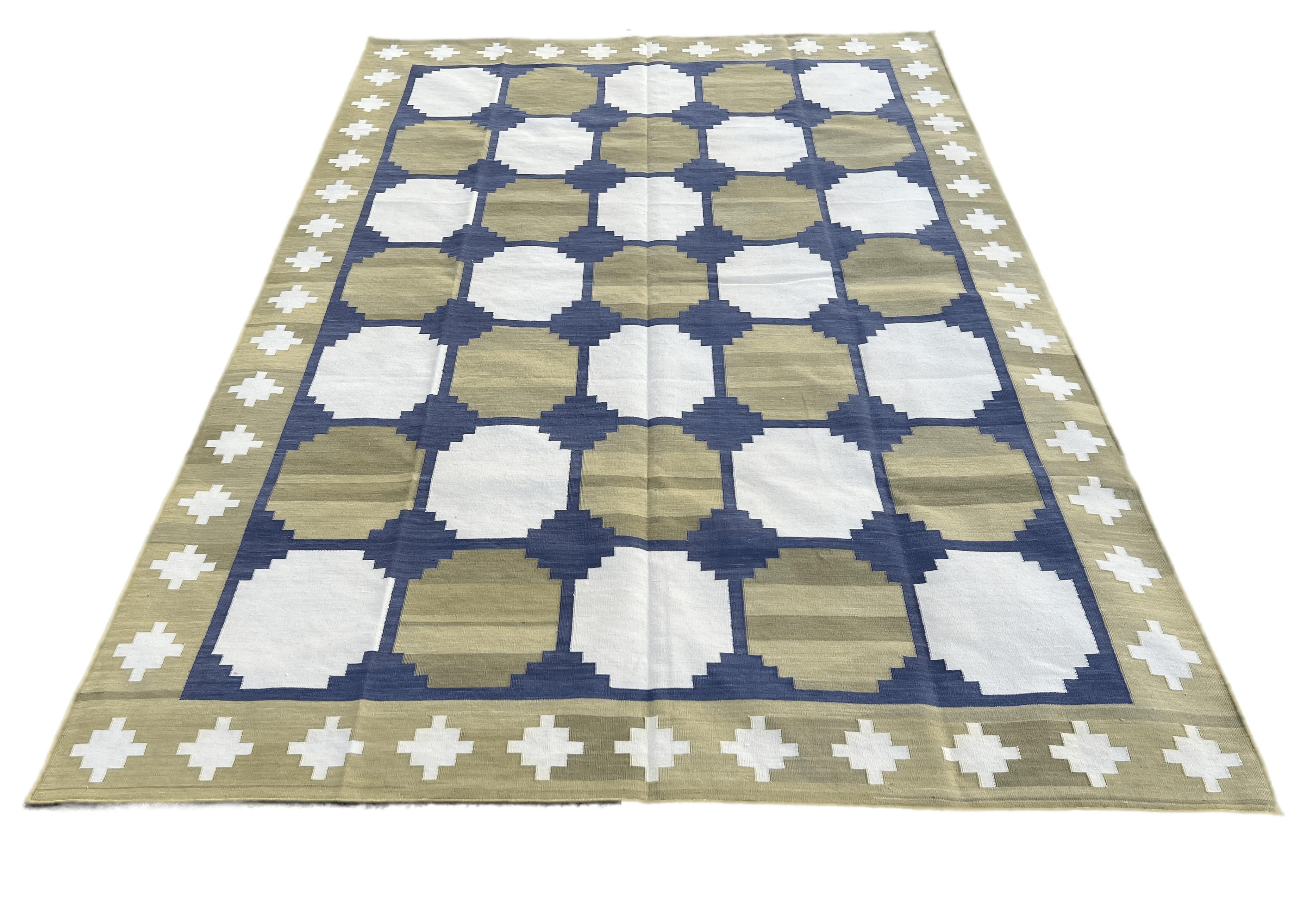 Handmade Cotton Area Flat Weave Rug, 6x9 Green And Blue Geometric Indian Dhurrie In New Condition For Sale In Jaipur, IN