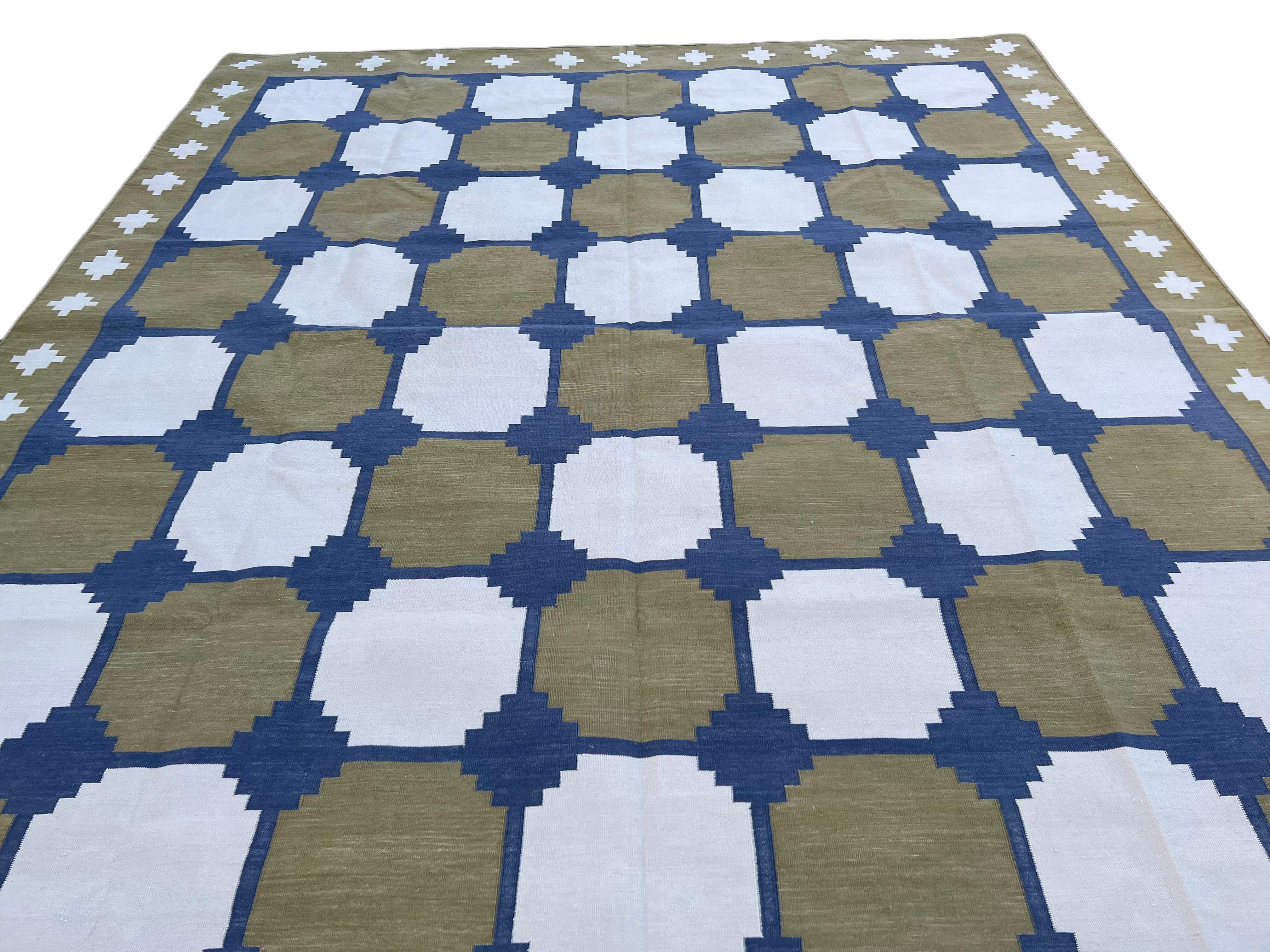 Contemporary Handmade Cotton Area Flat Weave Rug, Green & Blue Geometric Tile Indian Dhurrie For Sale