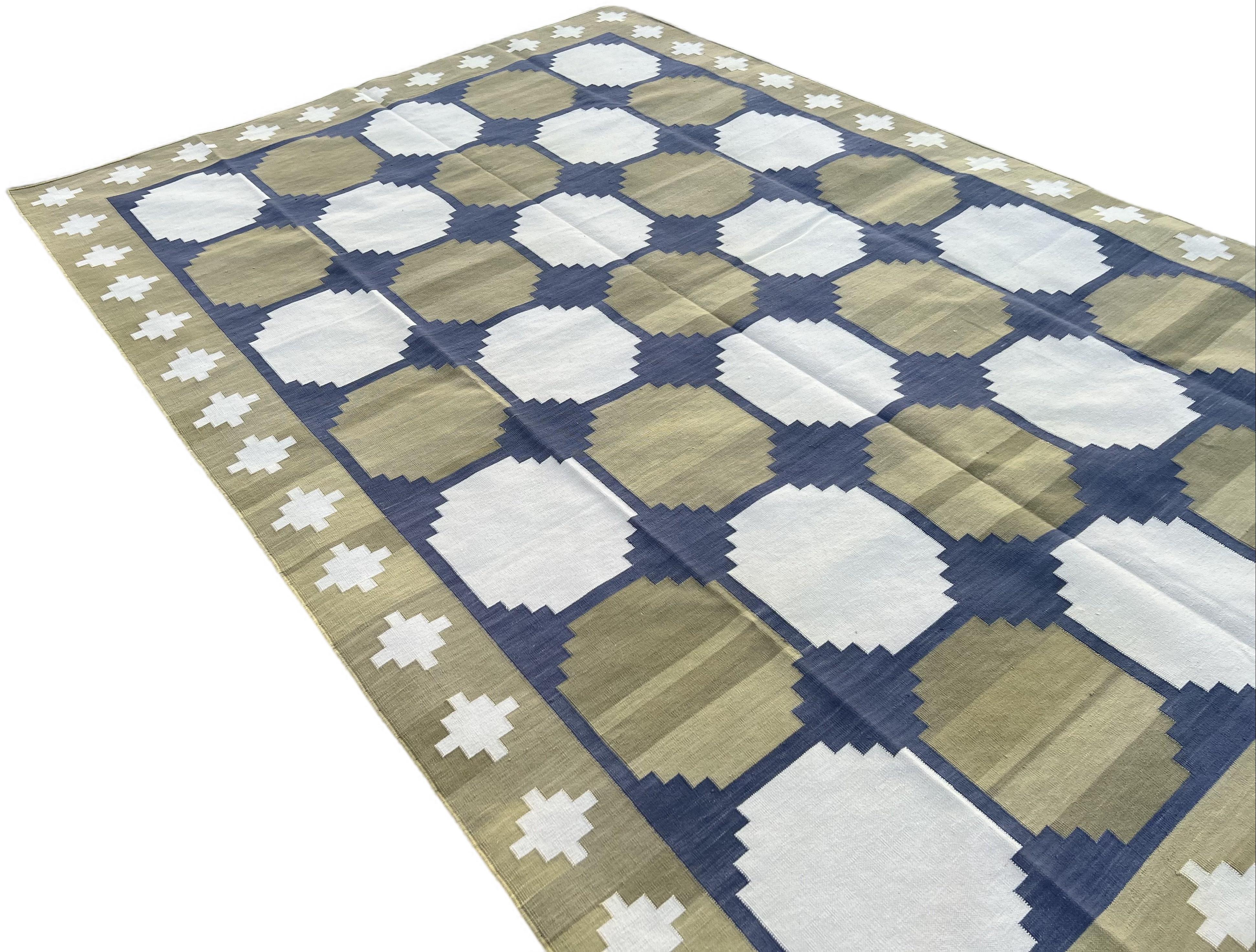 Contemporary Handmade Cotton Area Flat Weave Rug, 6x9 Green And Blue Geometric Indian Dhurrie For Sale