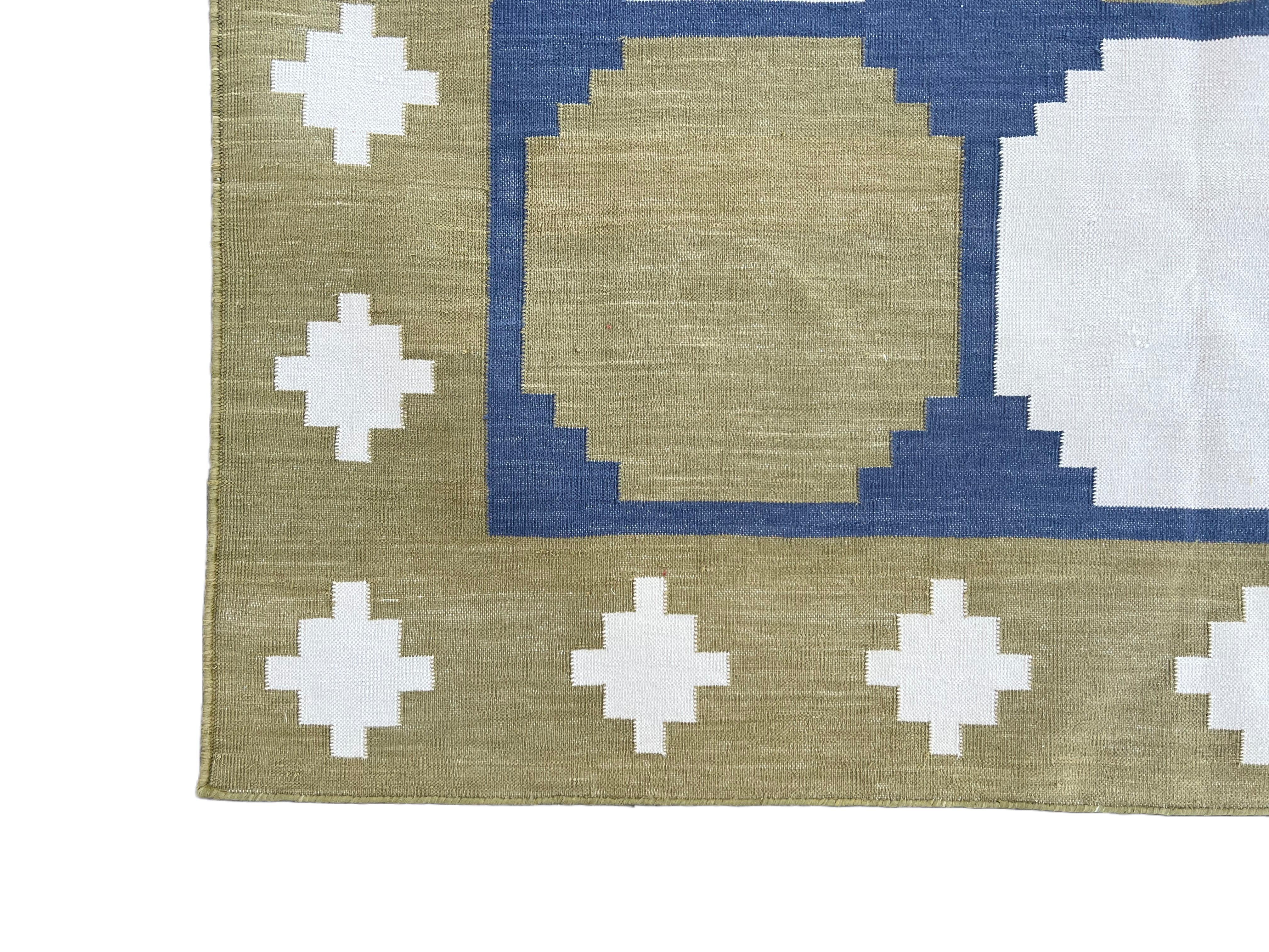 Handmade Cotton Area Flat Weave Rug, Green & Blue Geometric Tile Indian Dhurrie For Sale 1