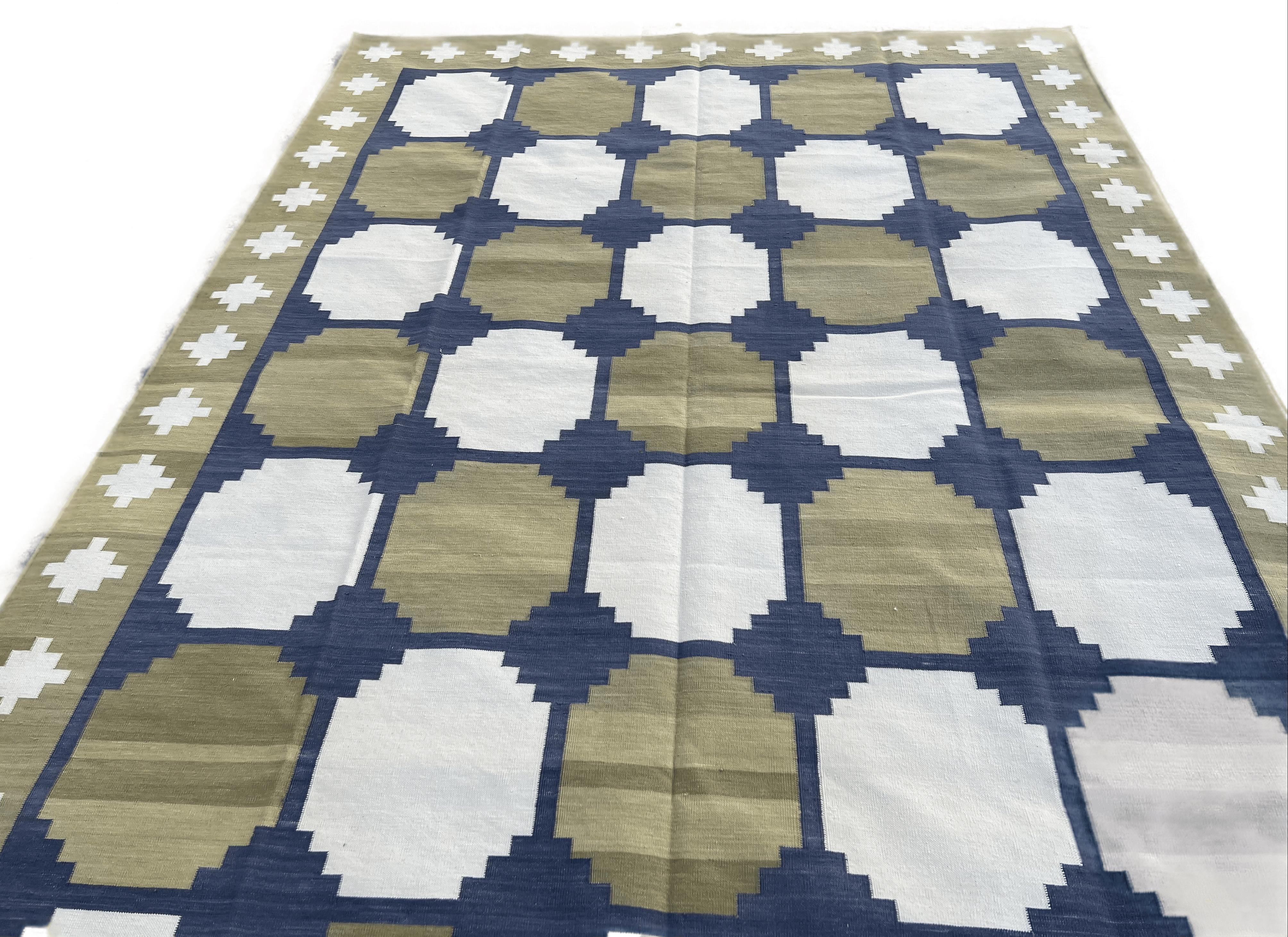 Handmade Cotton Area Flat Weave Rug, 6x9 Green And Blue Geometric Indian Dhurrie For Sale 1