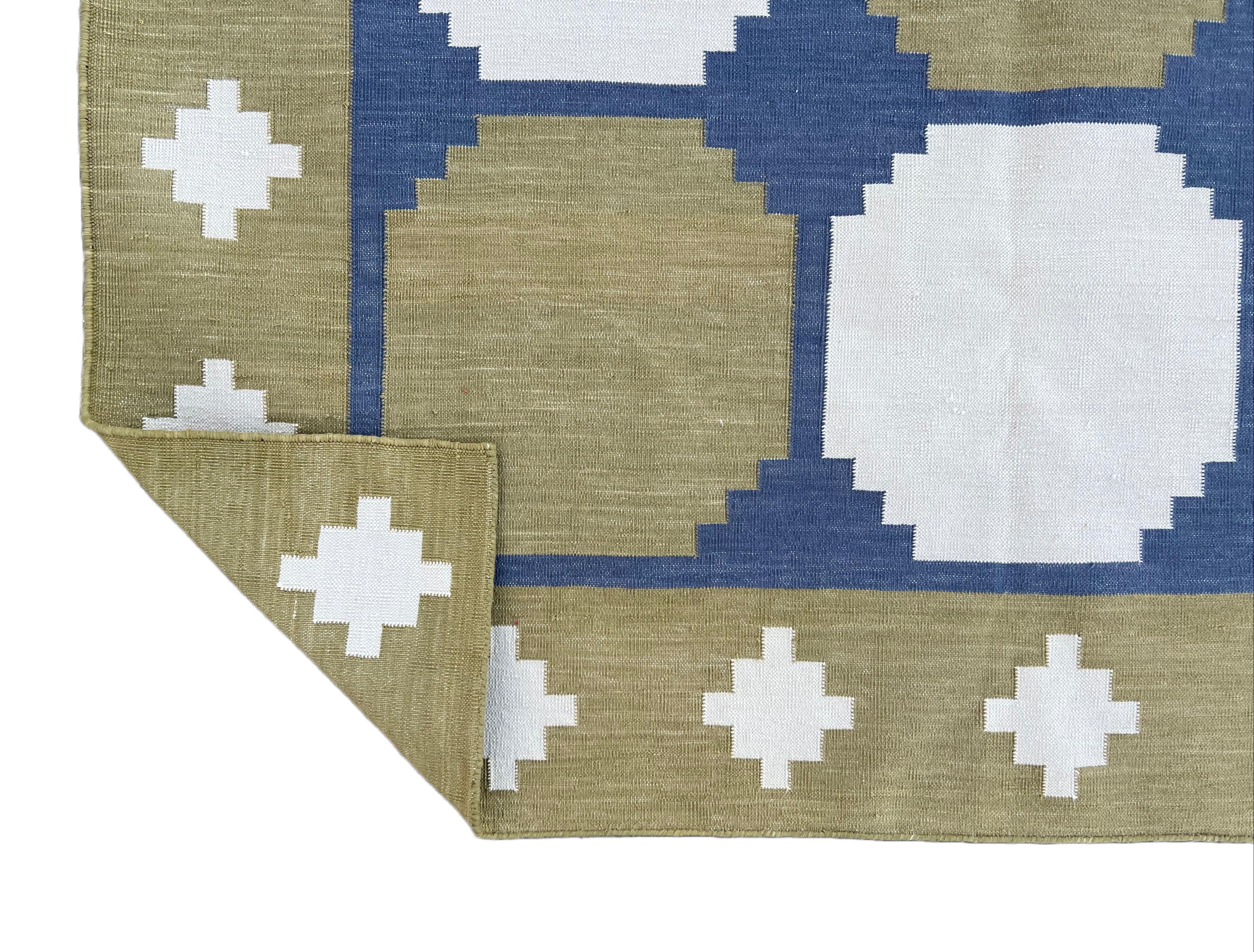 Handmade Cotton Area Flat Weave Rug, Green & Blue Geometric Tile Indian Dhurrie For Sale 2
