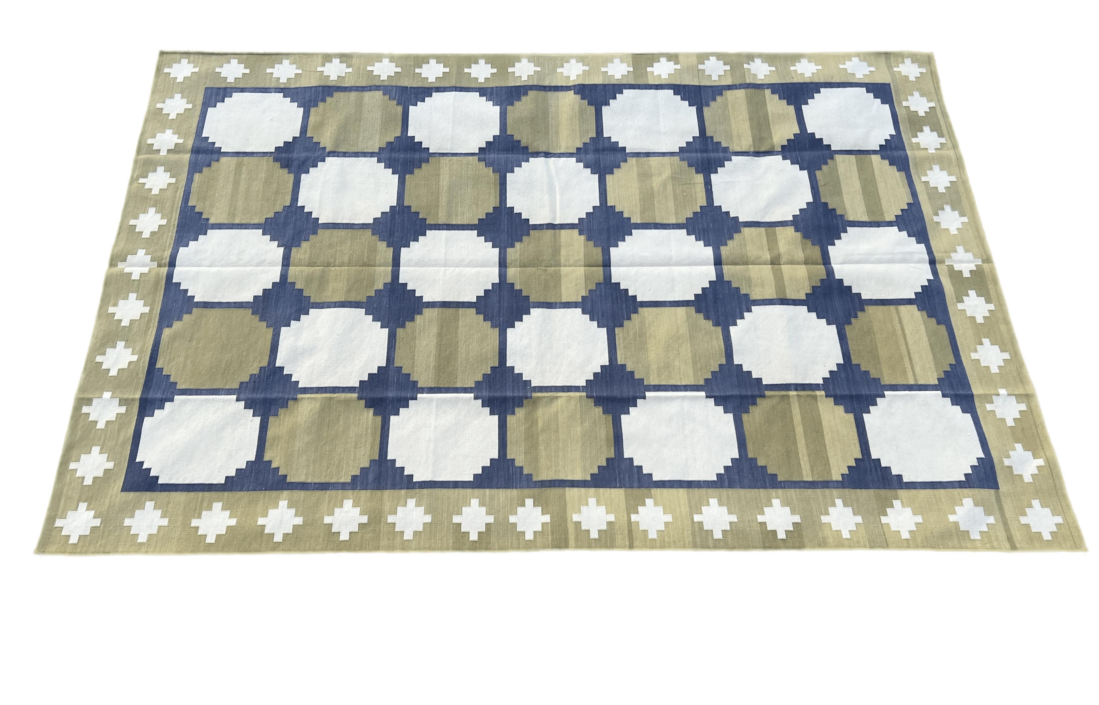 Handmade Cotton Area Flat Weave Rug, 6x9 Green And Blue Geometric Indian Dhurrie For Sale 2