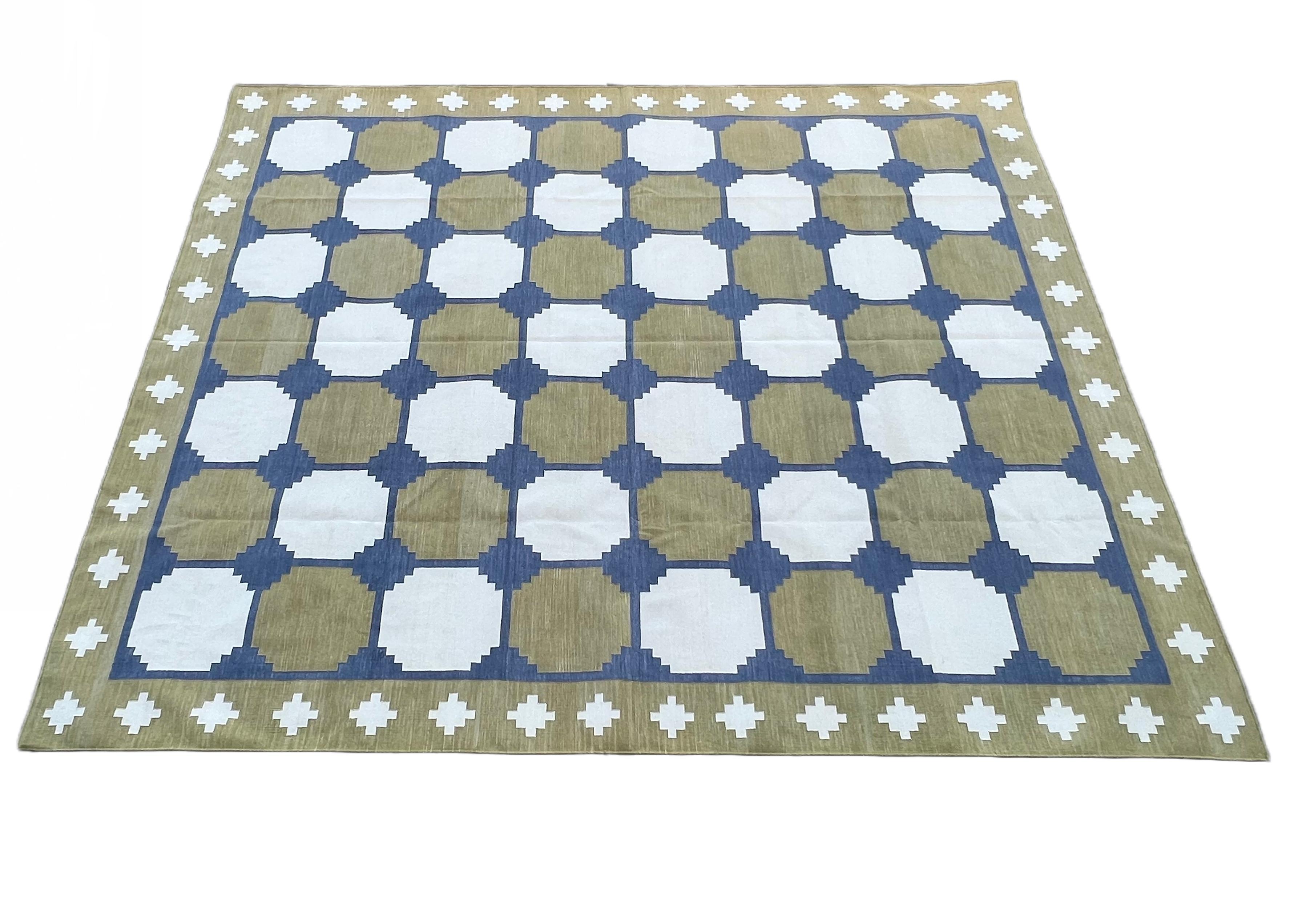 Handmade Cotton Area Flat Weave Rug, Green & Blue Geometric Tile Indian Dhurrie For Sale 3