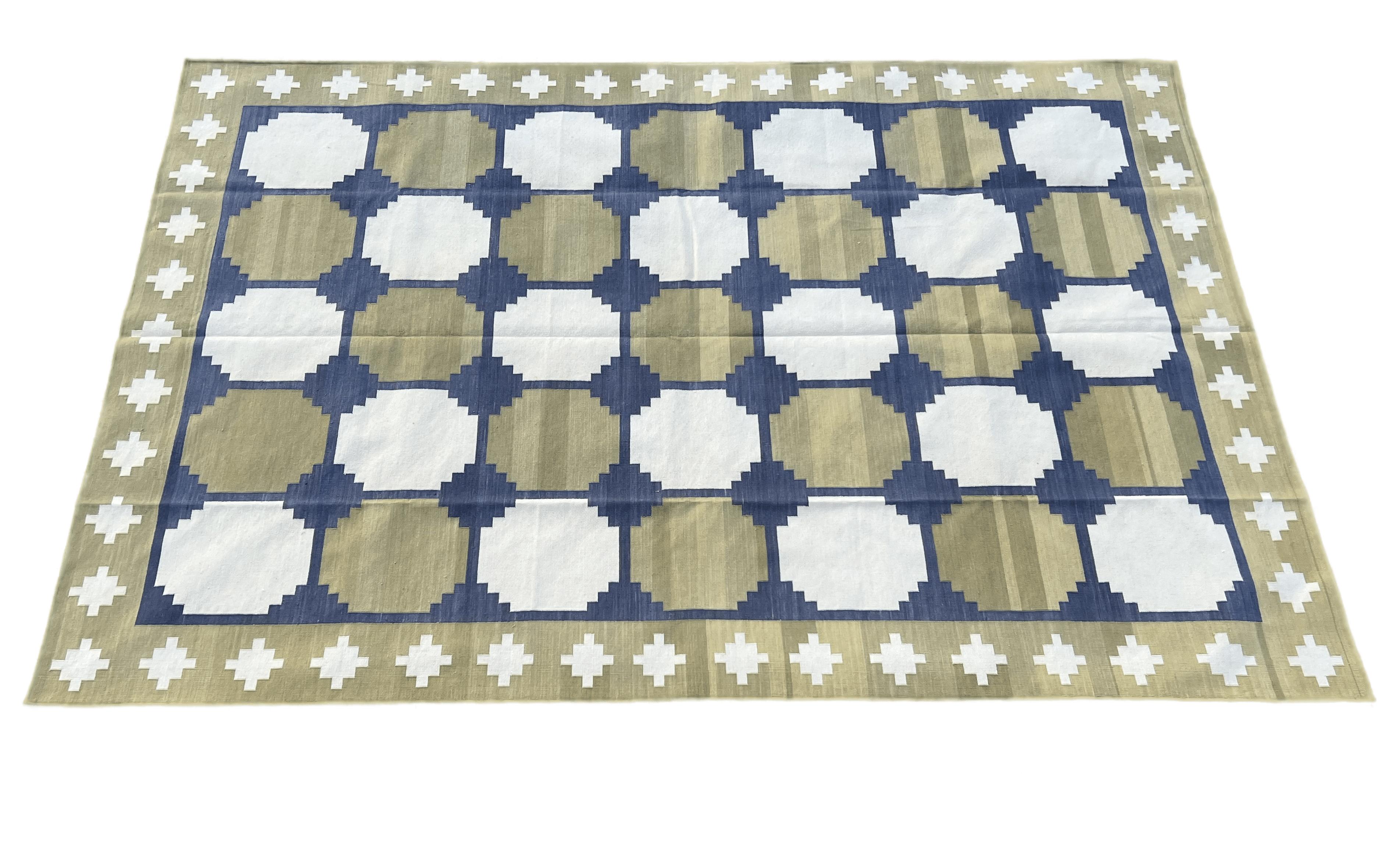 Handmade Cotton Area Flat Weave Rug, 6x9 Green And Blue Geometric Indian Dhurrie For Sale 3