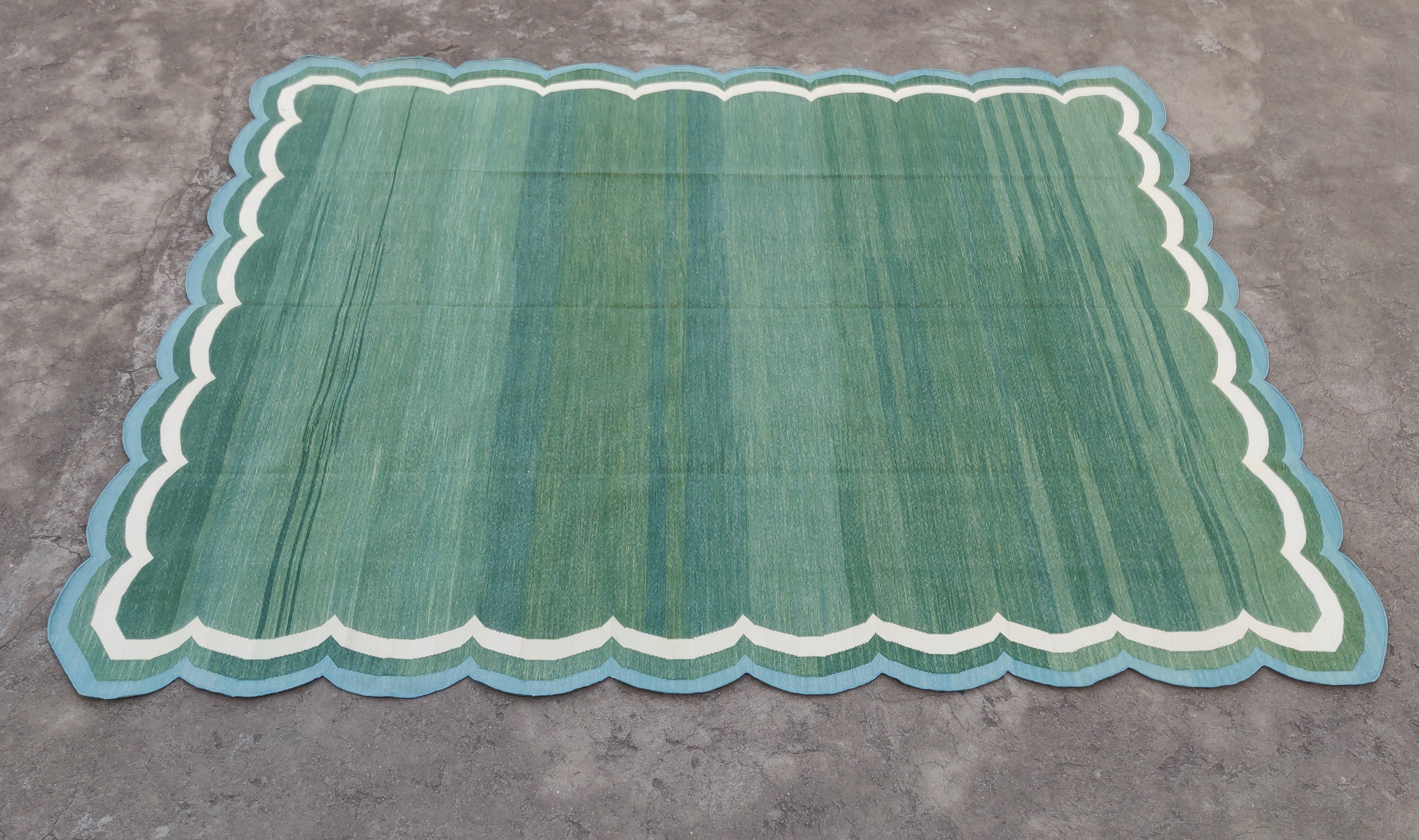 Handmade Cotton Flat Weave Rug, 8x10 Green And Blue Scalloped Indian Dhurrie Rug For Sale 4