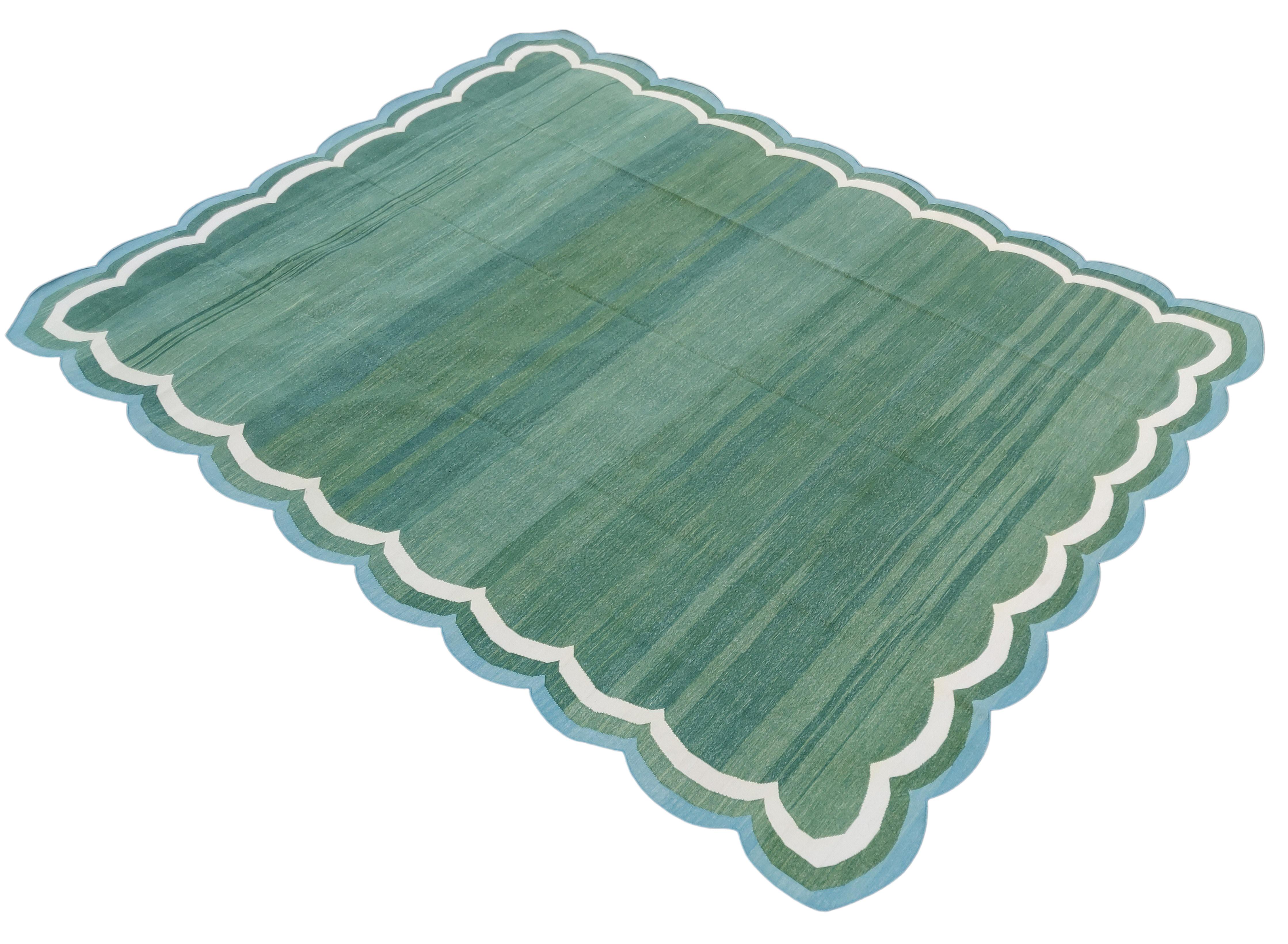 Handmade Cotton Flat Weave Rug, 8x10 Green And Blue Scalloped Indian Dhurrie Rug For Sale 5