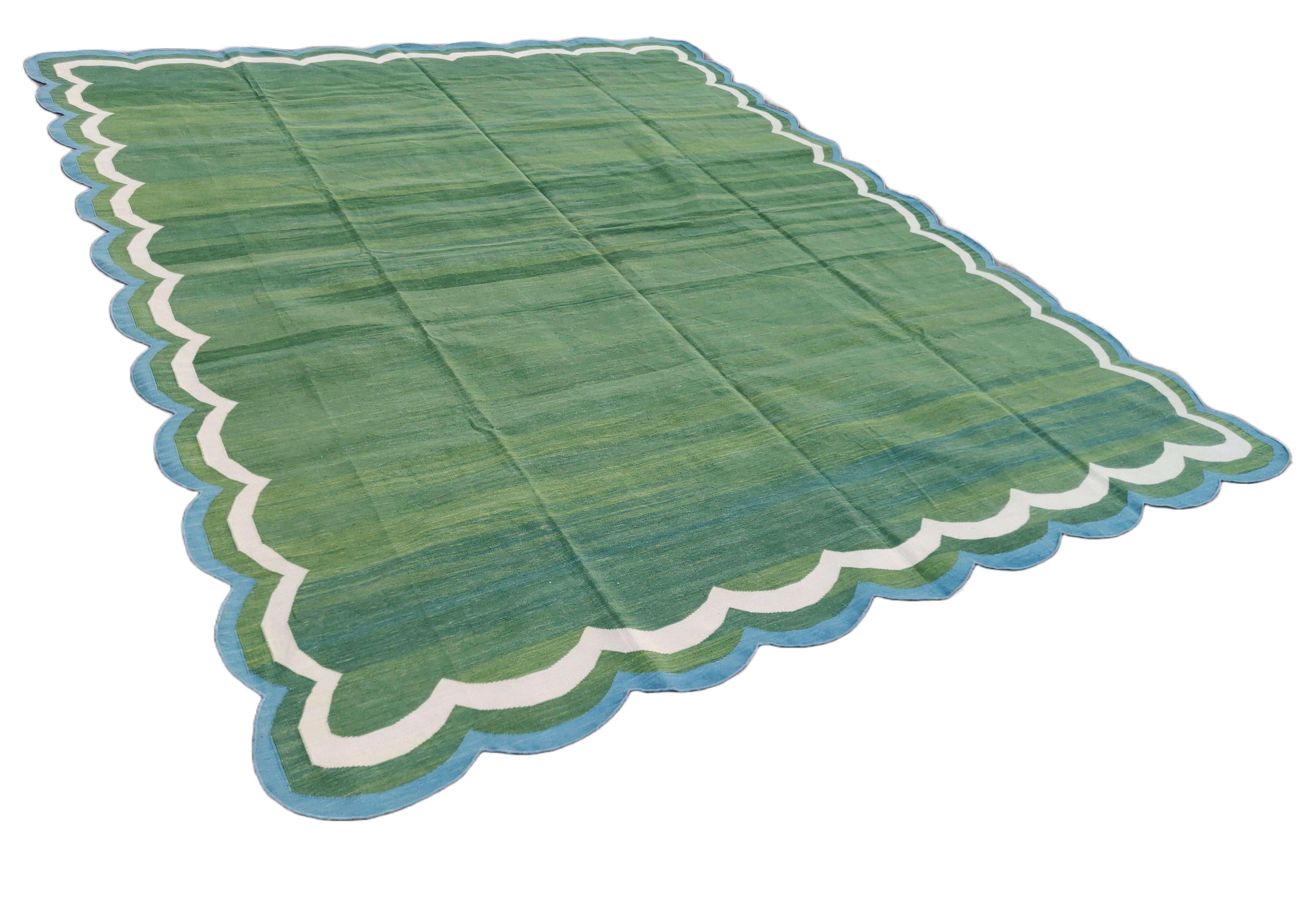 Handmade Cotton Area Flat Weave Rug, Green & Blue Scalloped Indian Dhurrie Rug For Sale 5