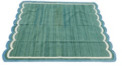 Handmade Cotton Area Flat Weave Rug, Green & Blue Scalloped Indian Dhurrie Rug