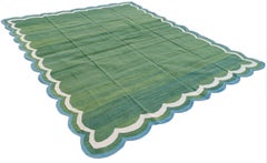 Tappeto a tessitura piatta in cotone fatto a mano, 9x12 Greene & Greene, Blue Scalloped Indian Dhurrie