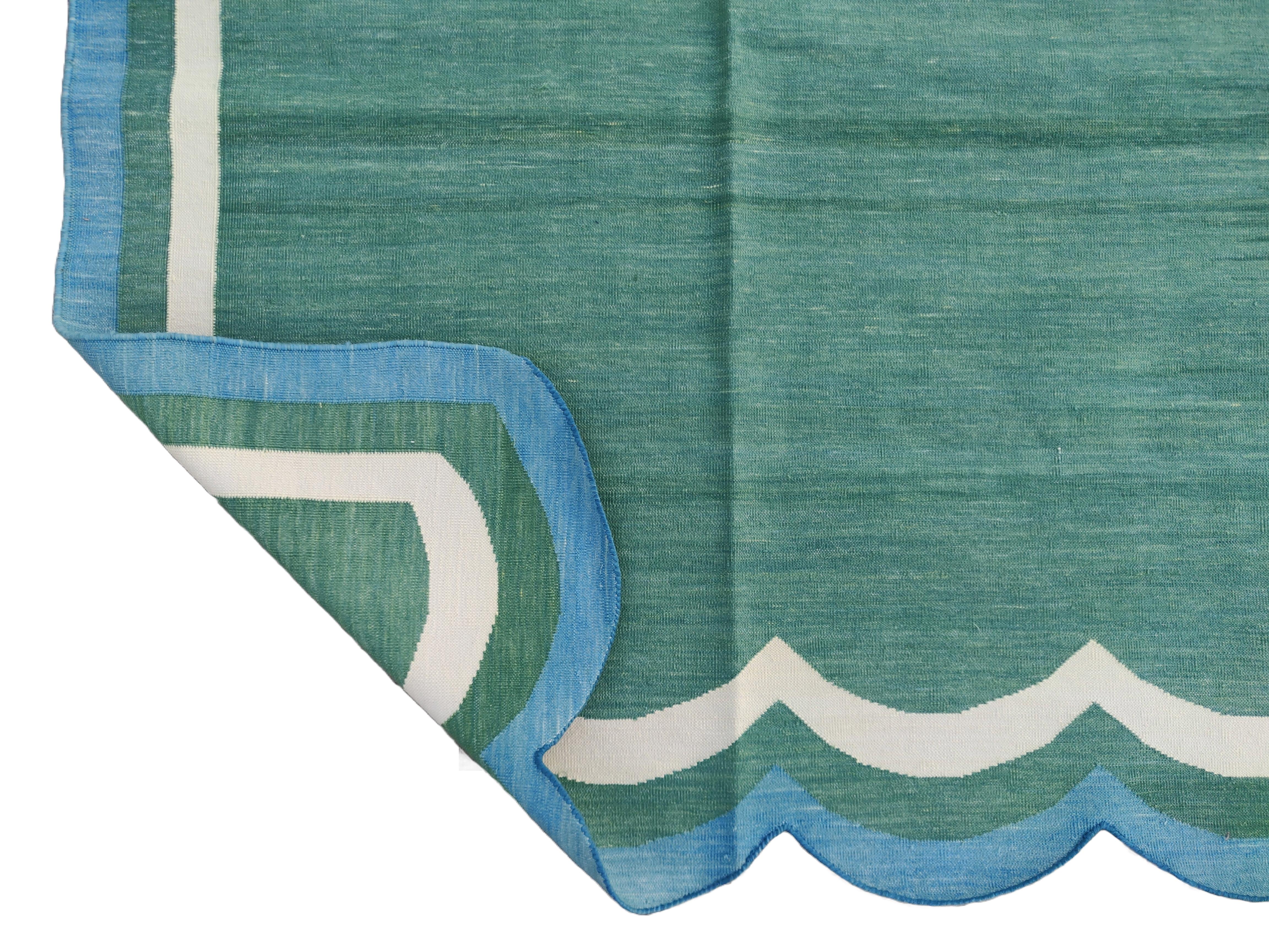Arts and Crafts Handmade Cotton Area Flat Weave Rug, Green & Blue Scalloped Indian Dhurrie Rug For Sale