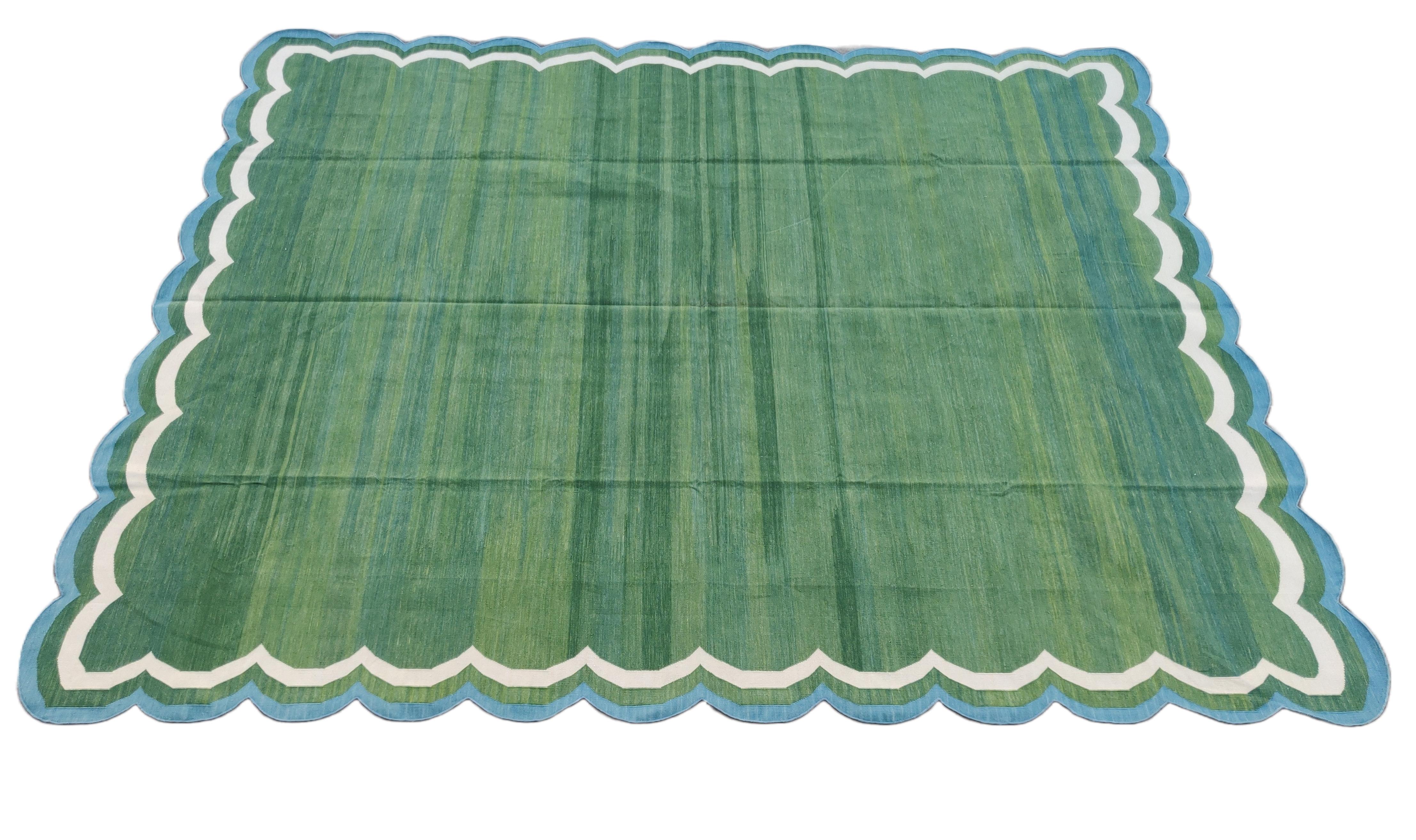 Mid-Century Modern Handmade Cotton Area Flat Weave Rug, Green & Blue Scalloped Indian Dhurrie Rug For Sale