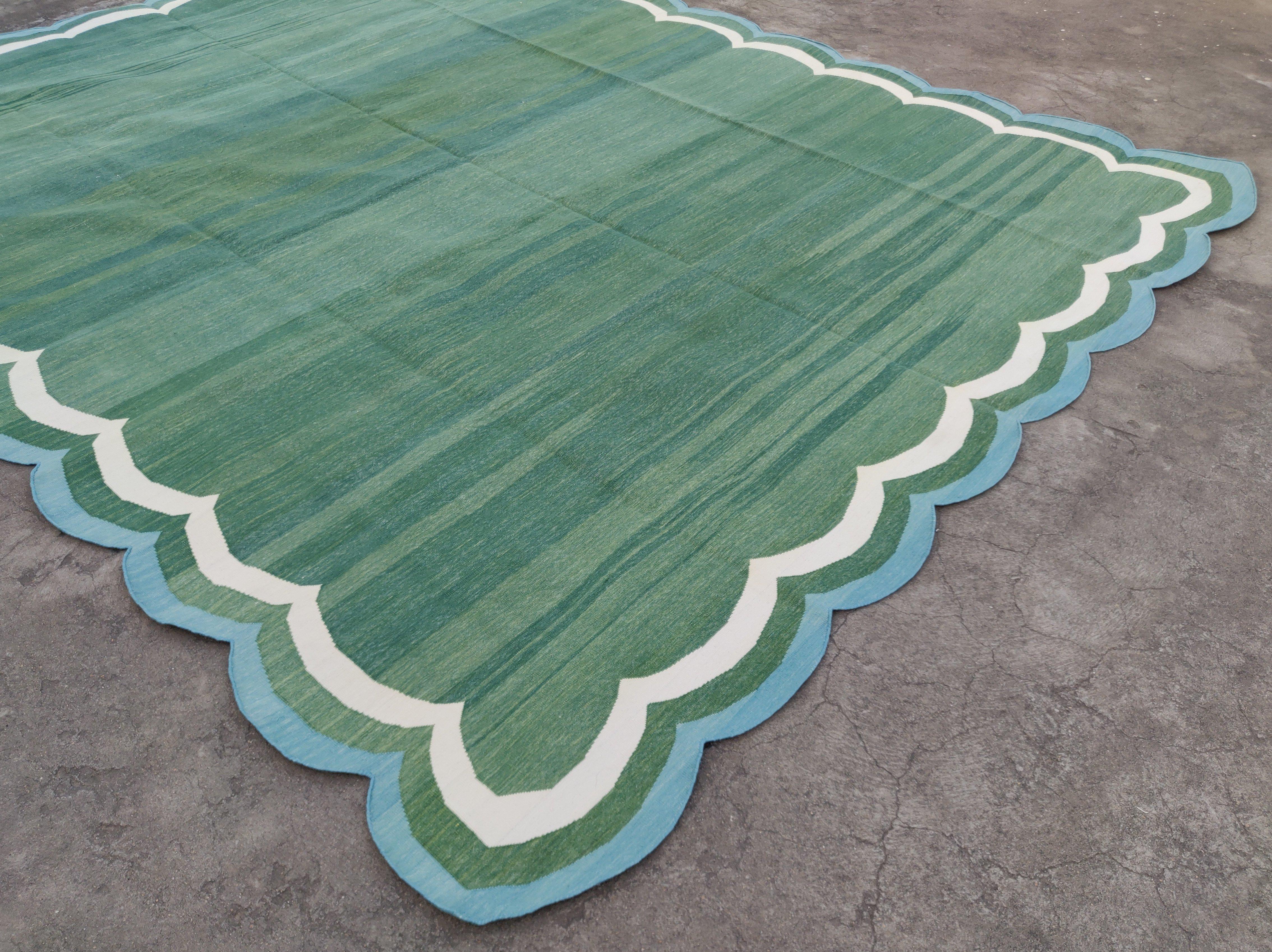Hand-Woven Handmade Cotton Flat Weave Rug, 8x10 Green And Blue Scalloped Indian Dhurrie Rug For Sale