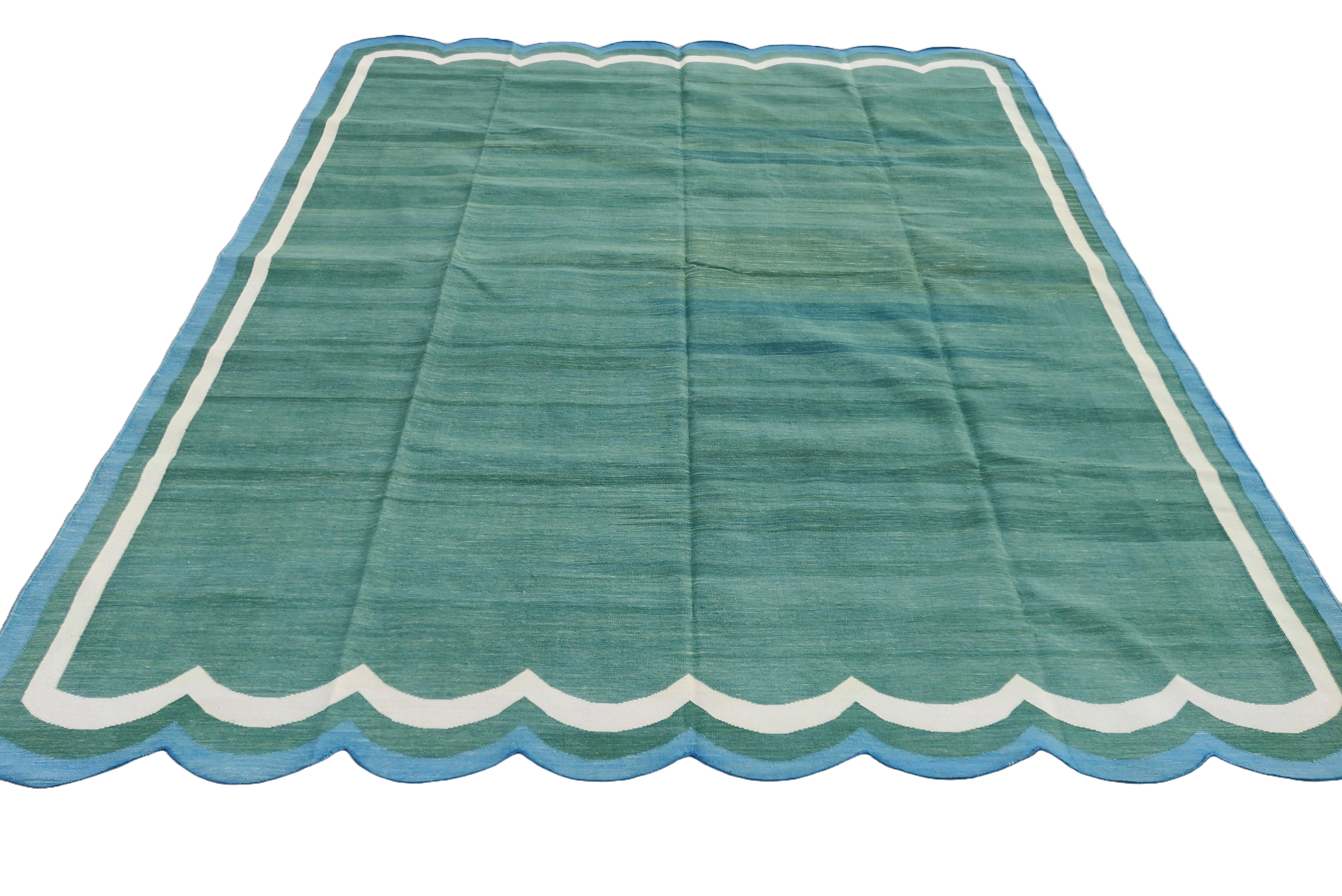 Contemporary Handmade Cotton Area Flat Weave Rug, Green & Blue Scalloped Indian Dhurrie Rug For Sale