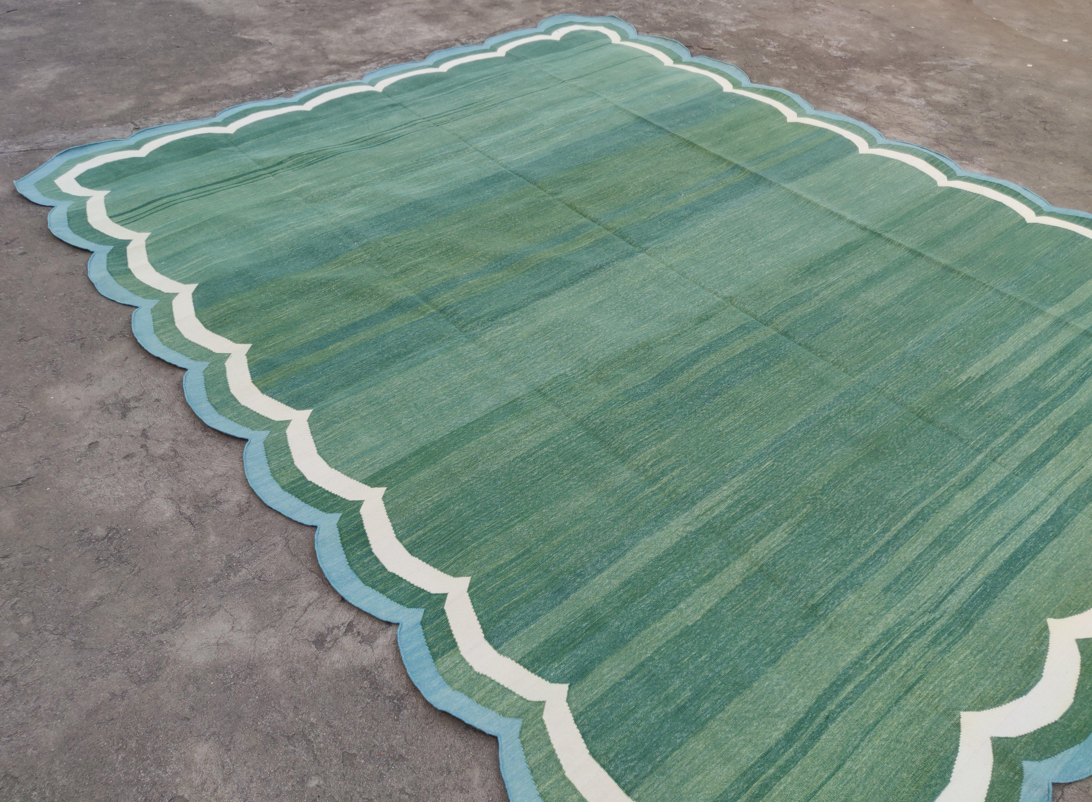 Handmade Cotton Flat Weave Rug, 8x10 Green And Blue Scalloped Indian Dhurrie Rug For Sale 1