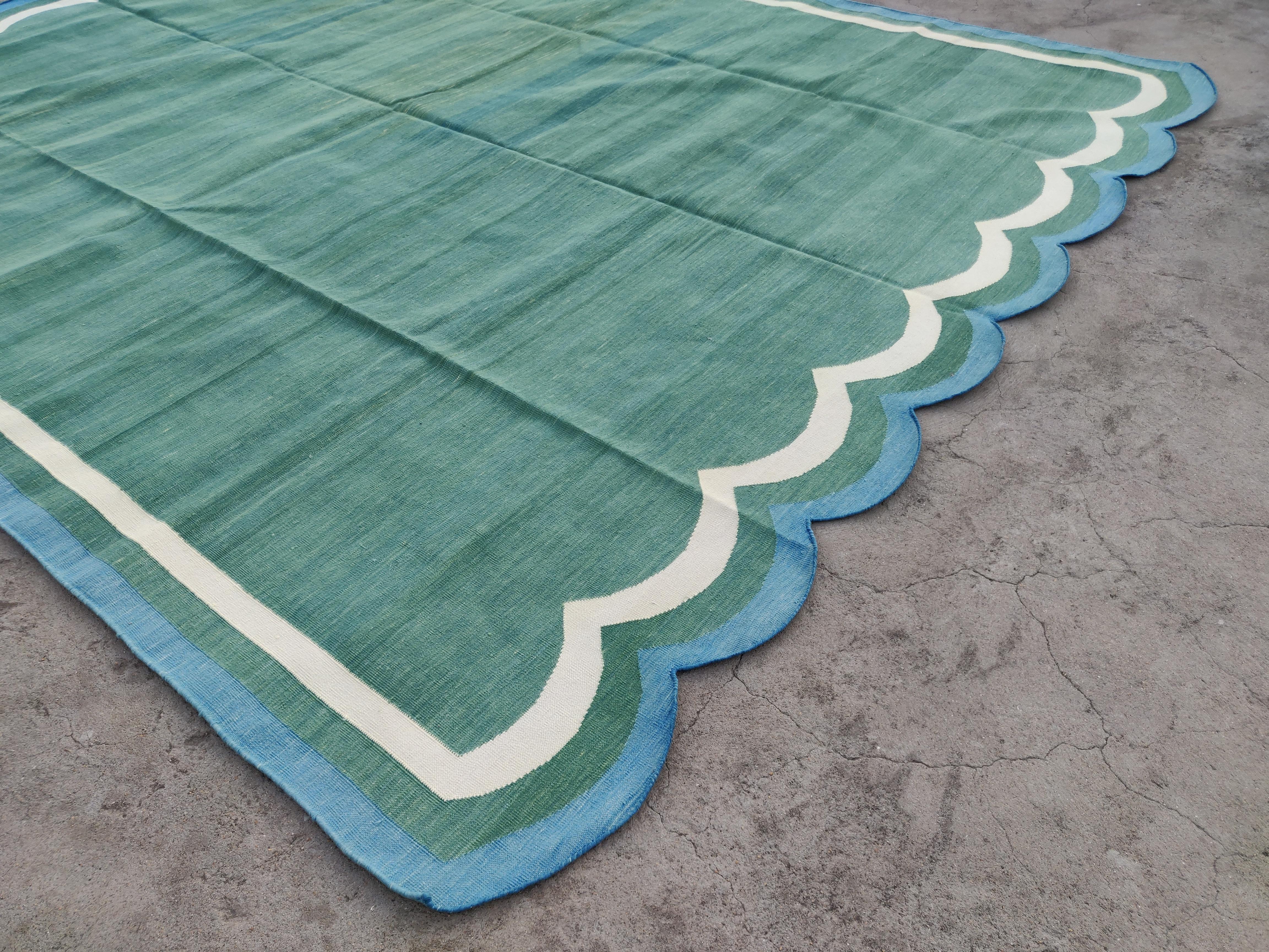 Handmade Cotton Area Flat Weave Rug, Green & Blue Scalloped Indian Dhurrie Rug For Sale 1