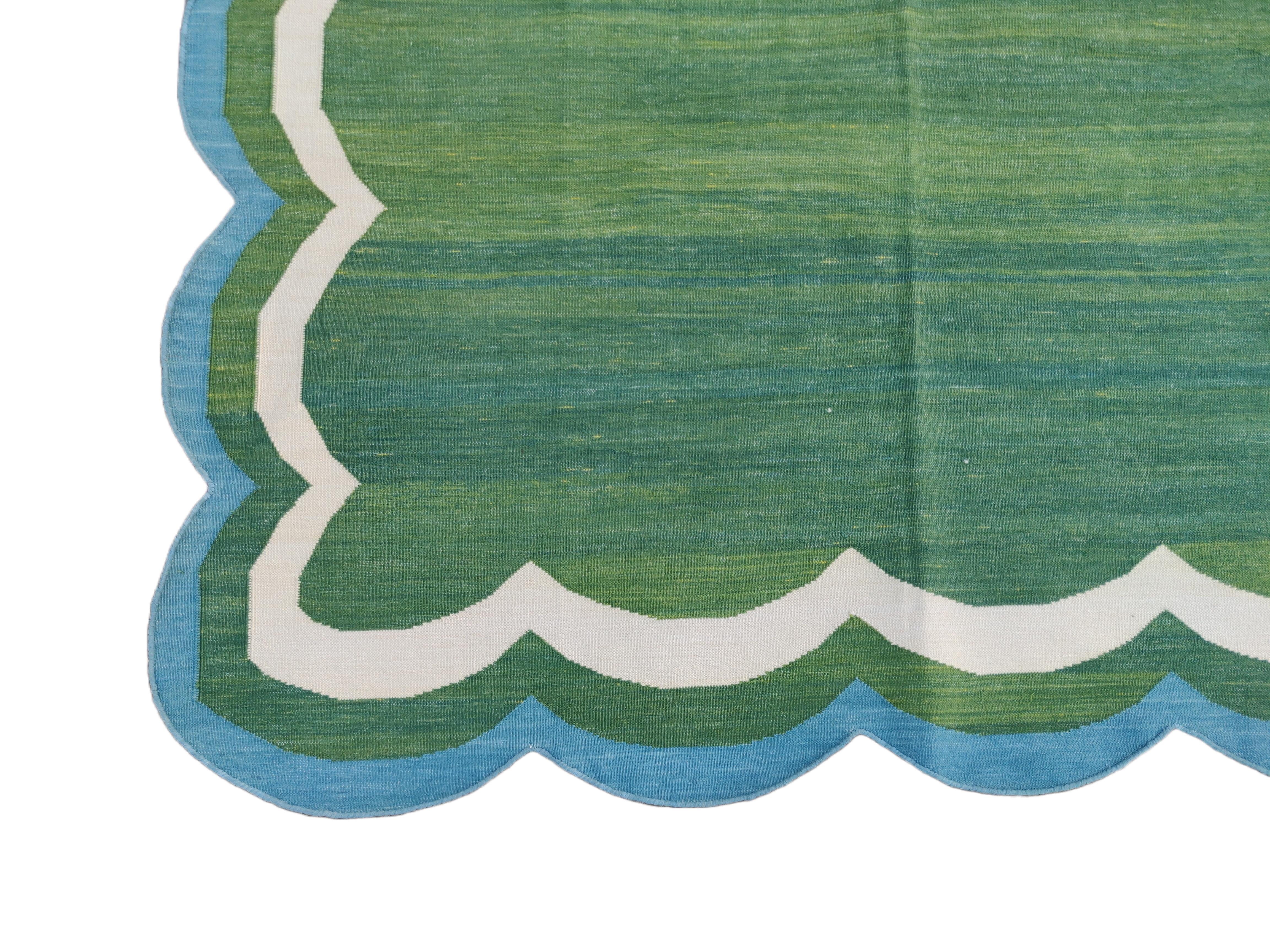Handmade Cotton Area Flat Weave Rug, Green & Blue Scalloped Indian Dhurrie Rug For Sale 1