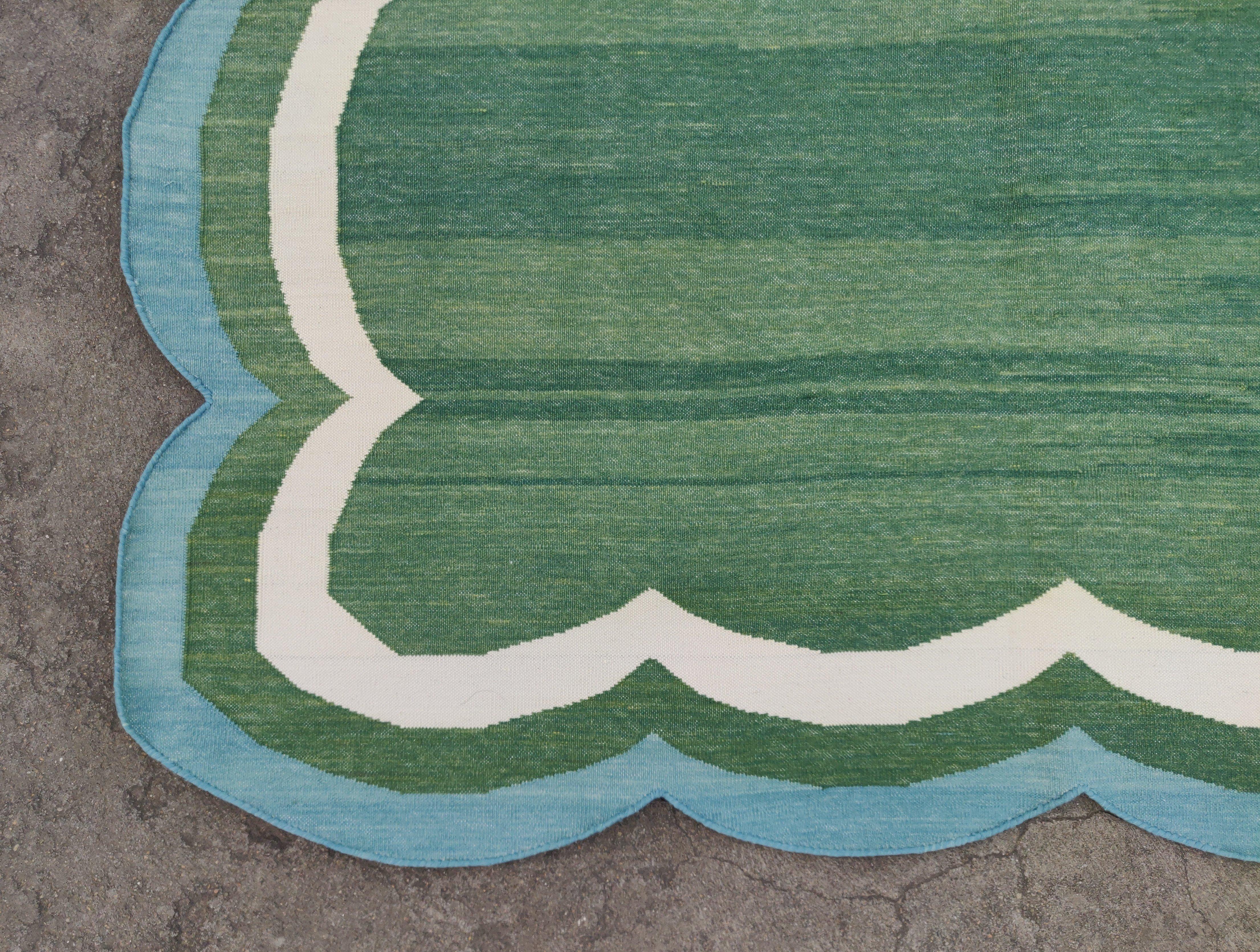 Handmade Cotton Flat Weave Rug, 8x10 Green And Blue Scalloped Indian Dhurrie Rug For Sale 2
