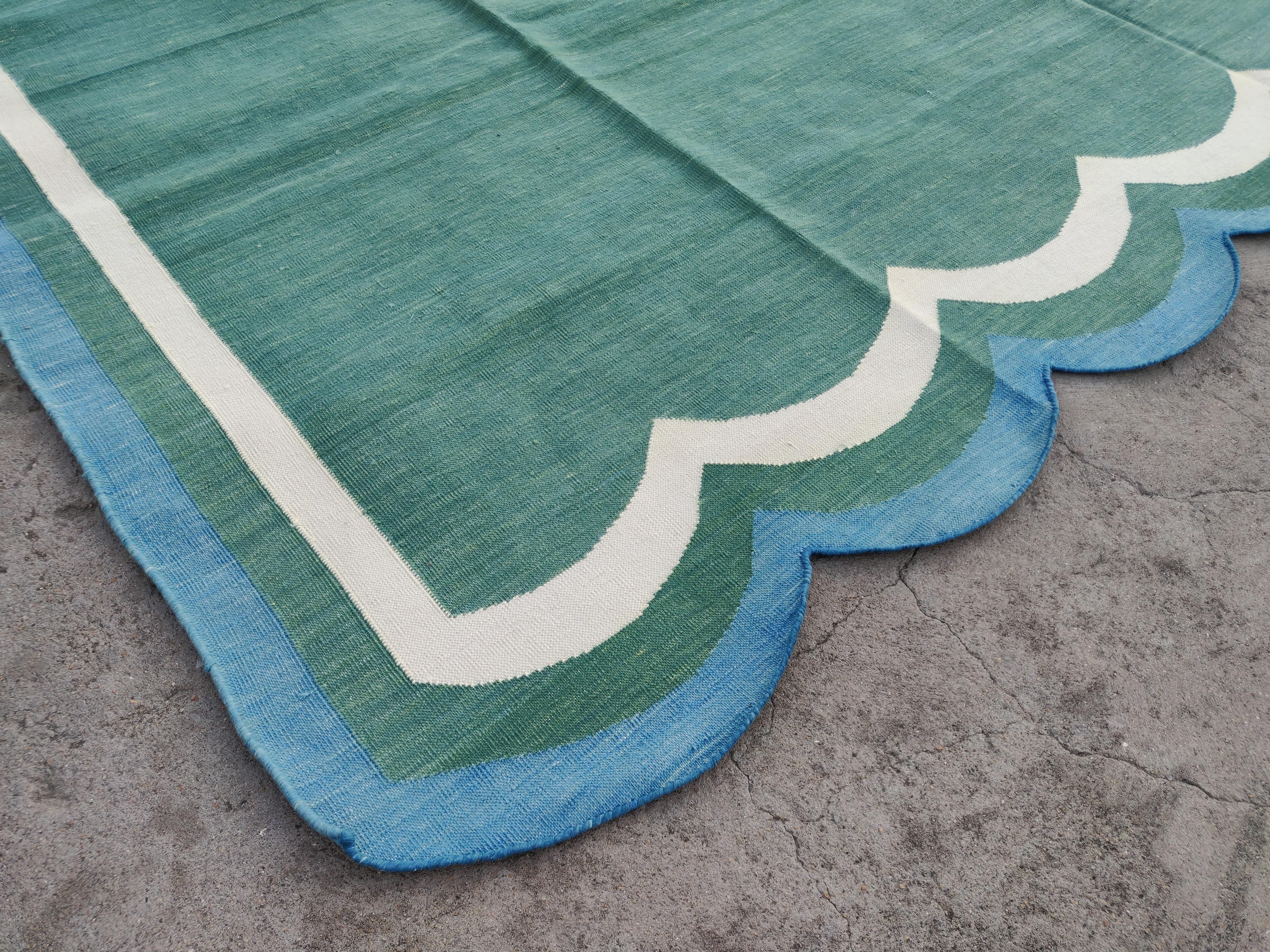 Handmade Cotton Area Flat Weave Rug, Green & Blue Scalloped Indian Dhurrie Rug For Sale 2