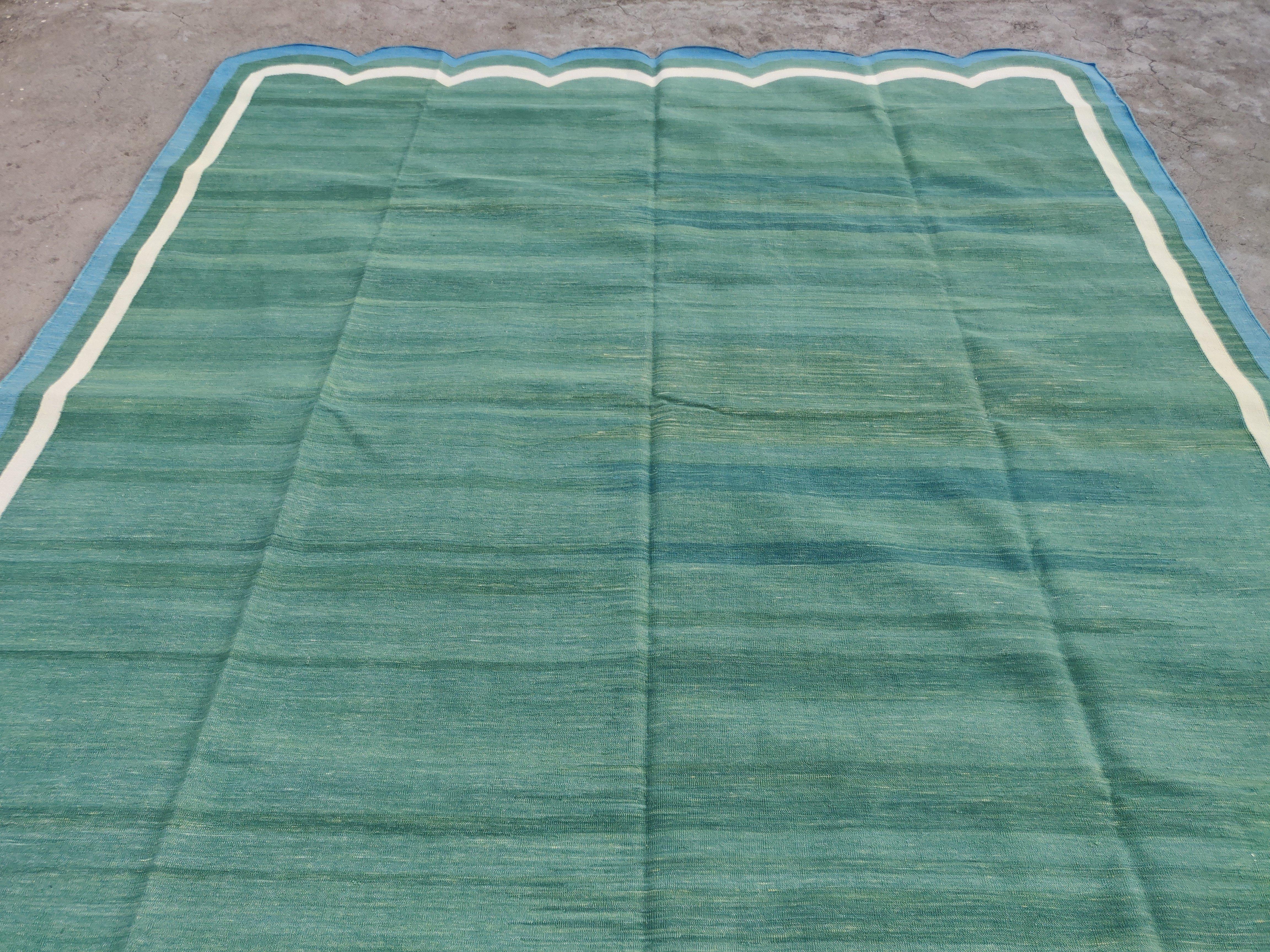 Handmade Cotton Area Flat Weave Rug, Green & Blue Scalloped Indian Dhurrie Rug For Sale 3