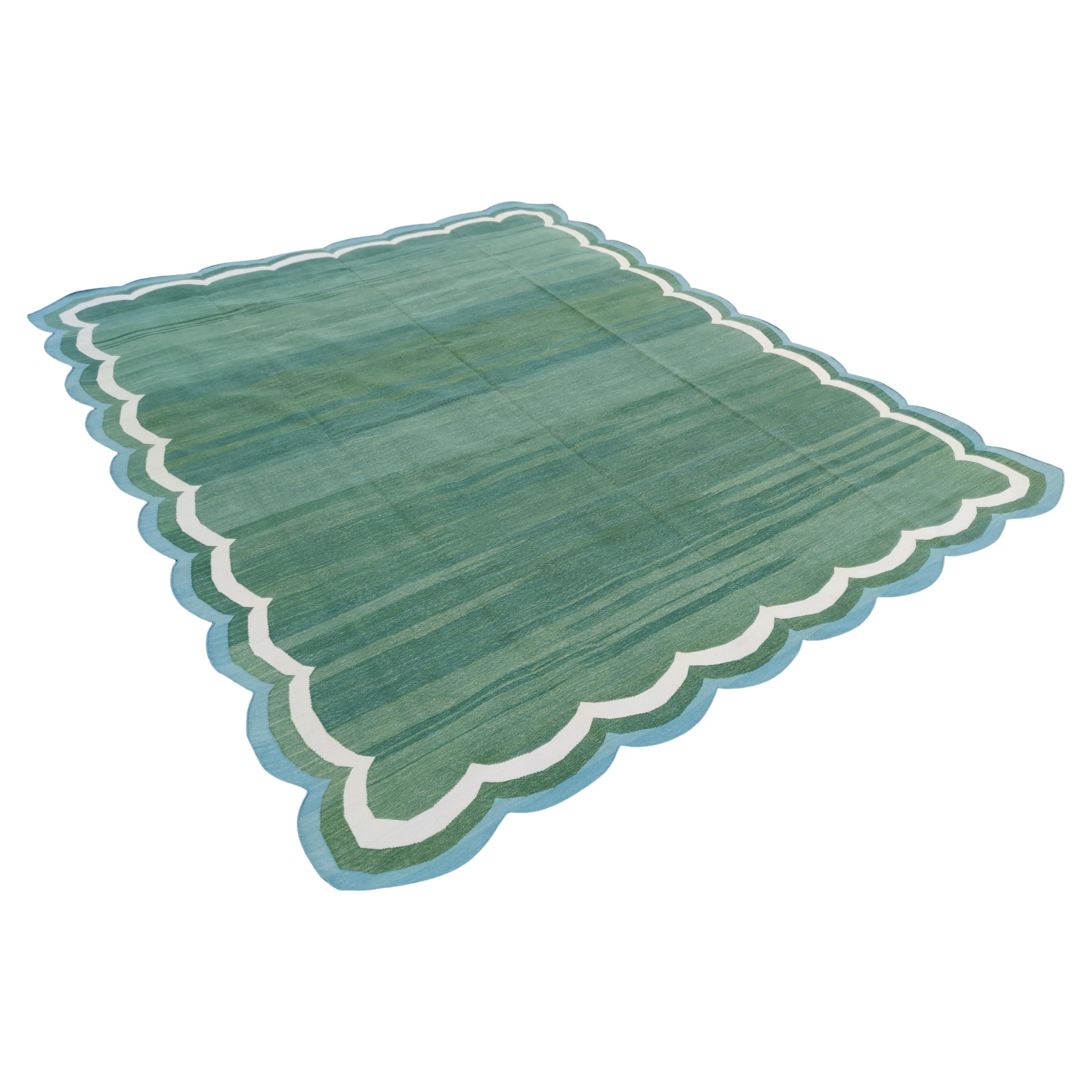 Handmade Cotton Area Flat Weave Rug, Green & Blue Scalloped Indian Dhurrie Rug For Sale