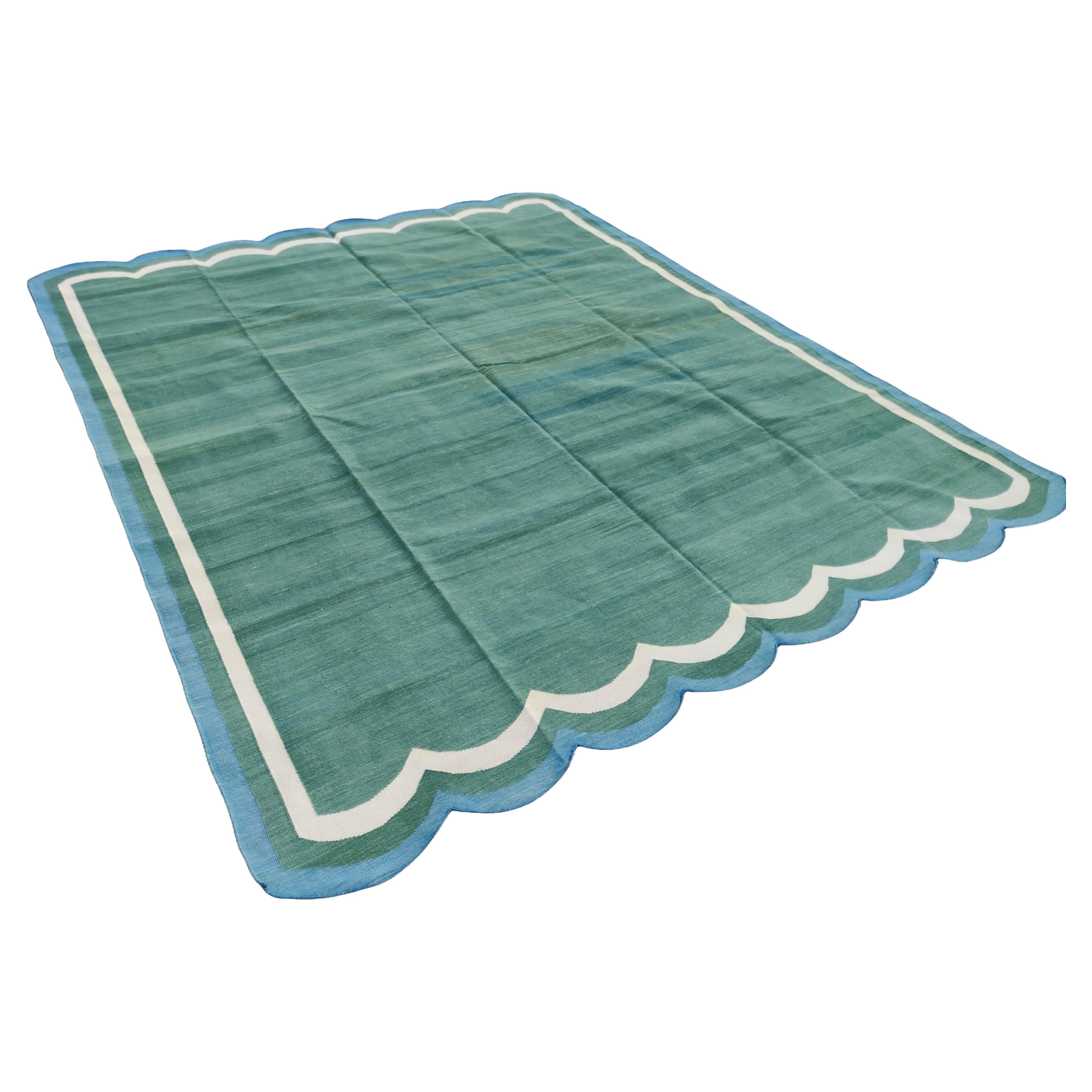 Handmade Cotton Area Flat Weave Rug, Green & Blue Scalloped Indian Dhurrie Rug