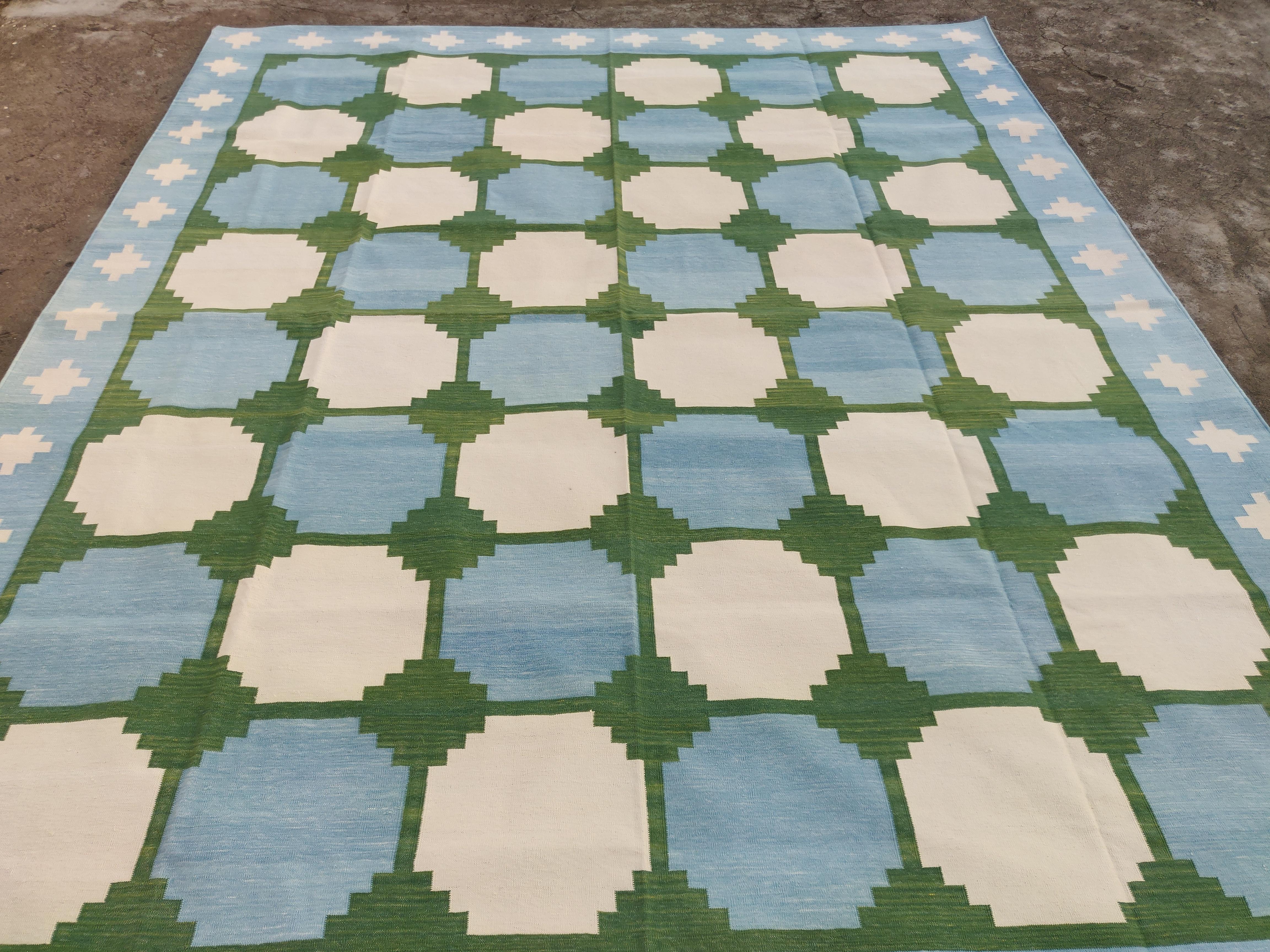 Handmade Cotton Flat Weave Rug, 9x12 Green And Blue Tile Pattern Indian Dhurrie For Sale 5