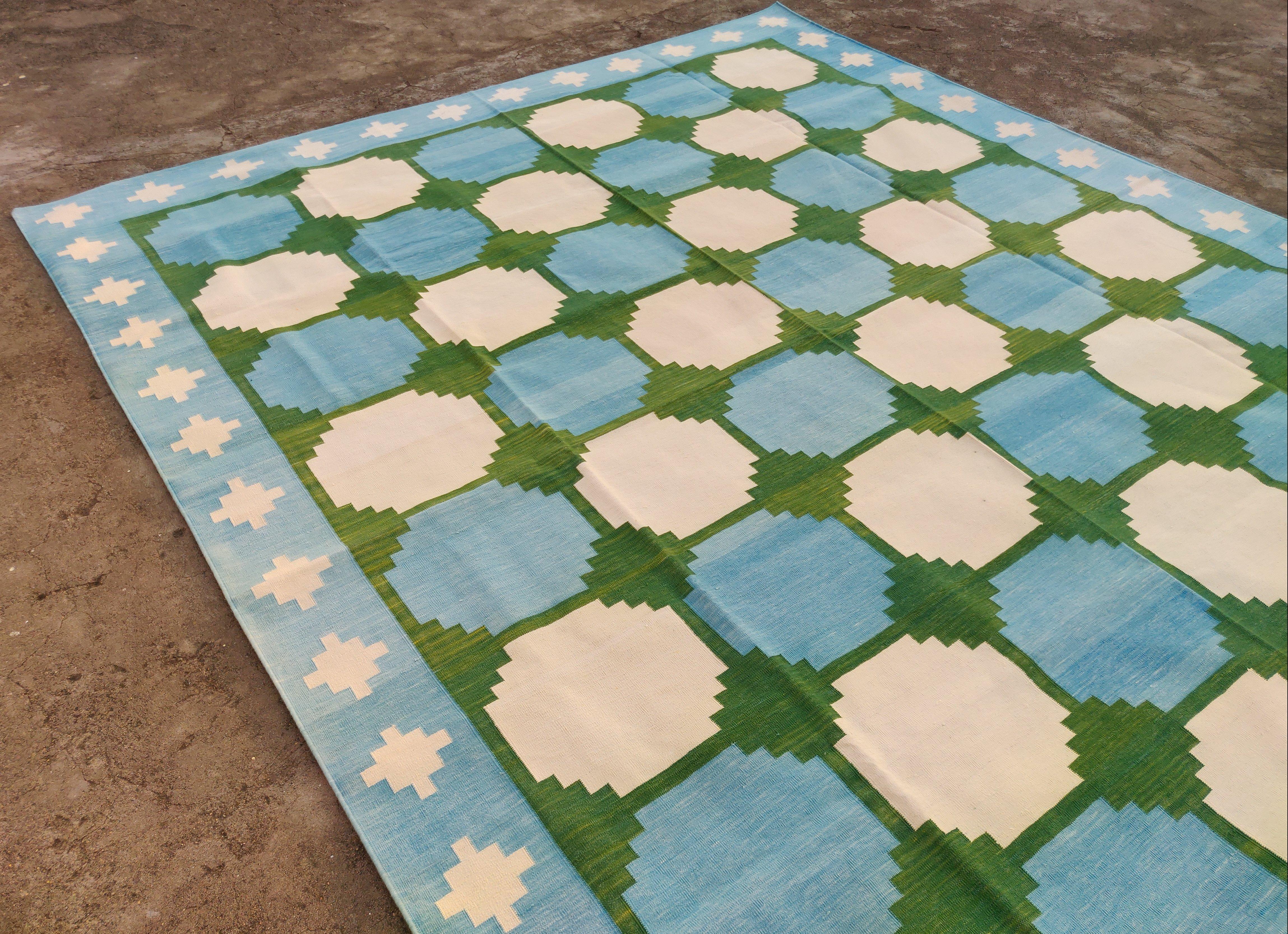 Contemporary Handmade Cotton Flat Weave Rug, 9x12 Green And Blue Tile Pattern Indian Dhurrie For Sale