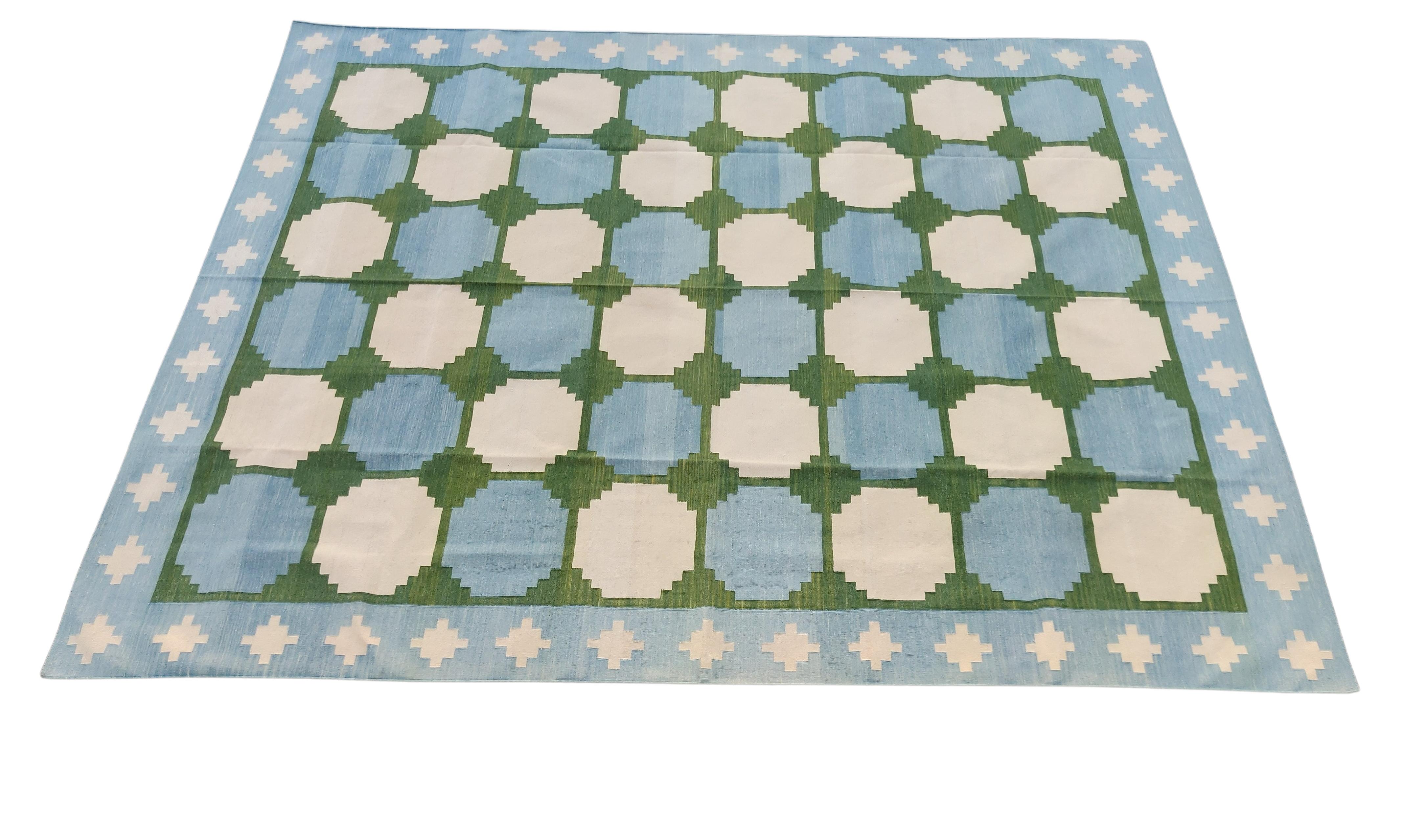 Handmade Cotton Flat Weave Rug, 9x12 Green And Blue Tile Pattern Indian Dhurrie For Sale 3