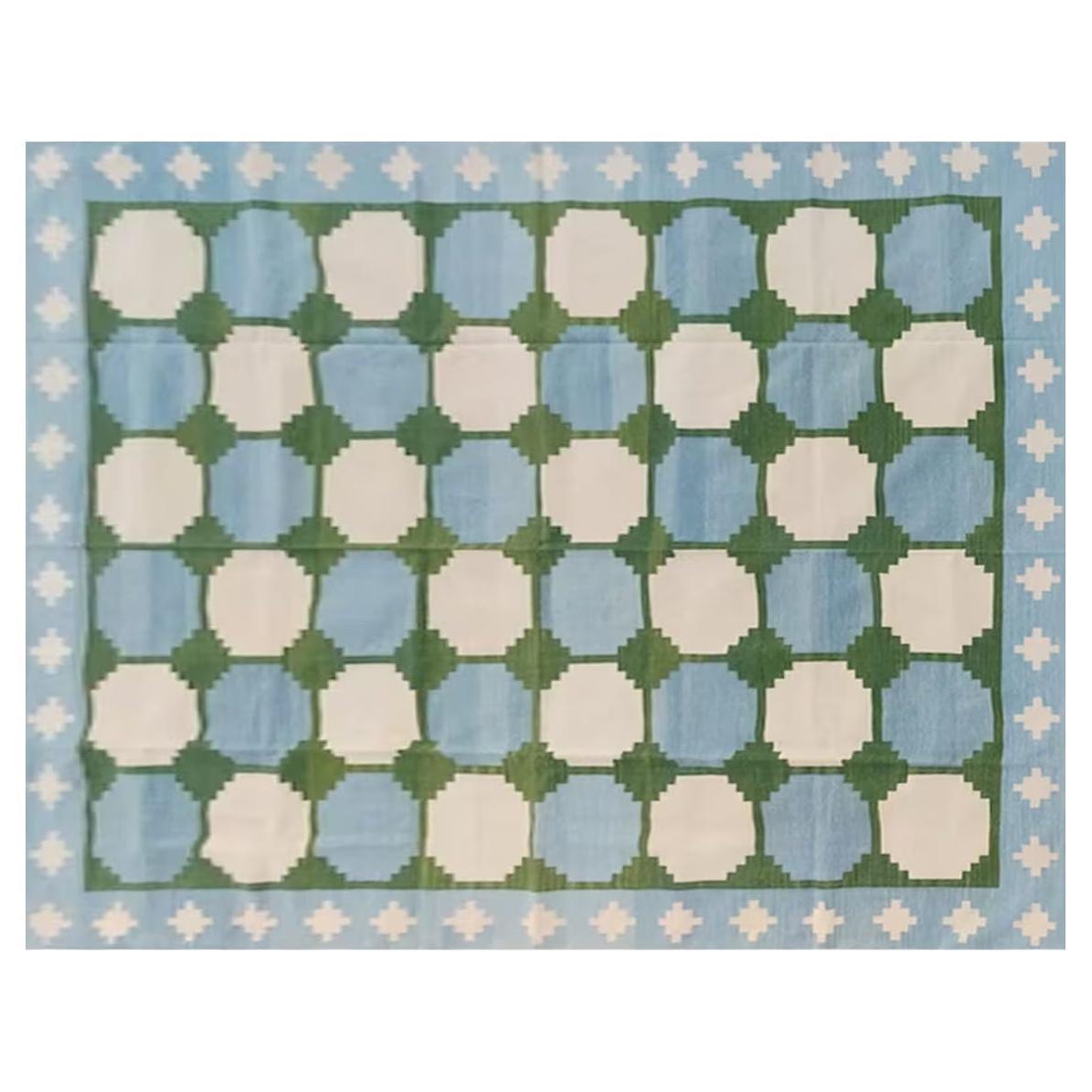 Handmade Cotton Area Flat Weave Rug, Green & Blue Tile Patterned Indian Dhurrie
