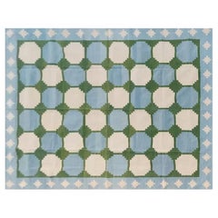 Handmade Cotton Area Flat Weave Rug, Green 
Blue Tile Patterned Indian Dhurrie