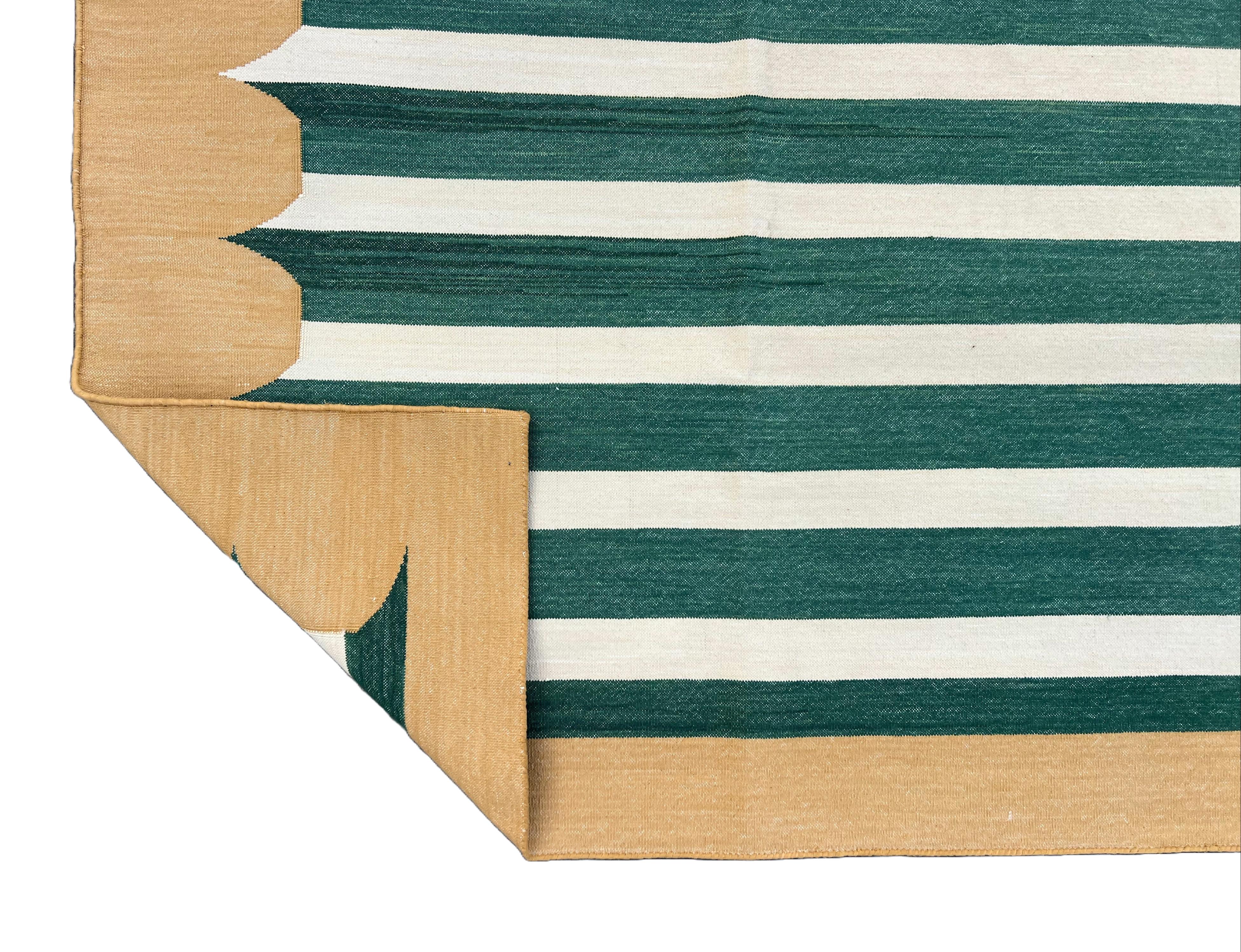 Handmade Cotton Area Flat Weave Rug, Green & Mustard Striped Indian Dhurrie Rug For Sale 4