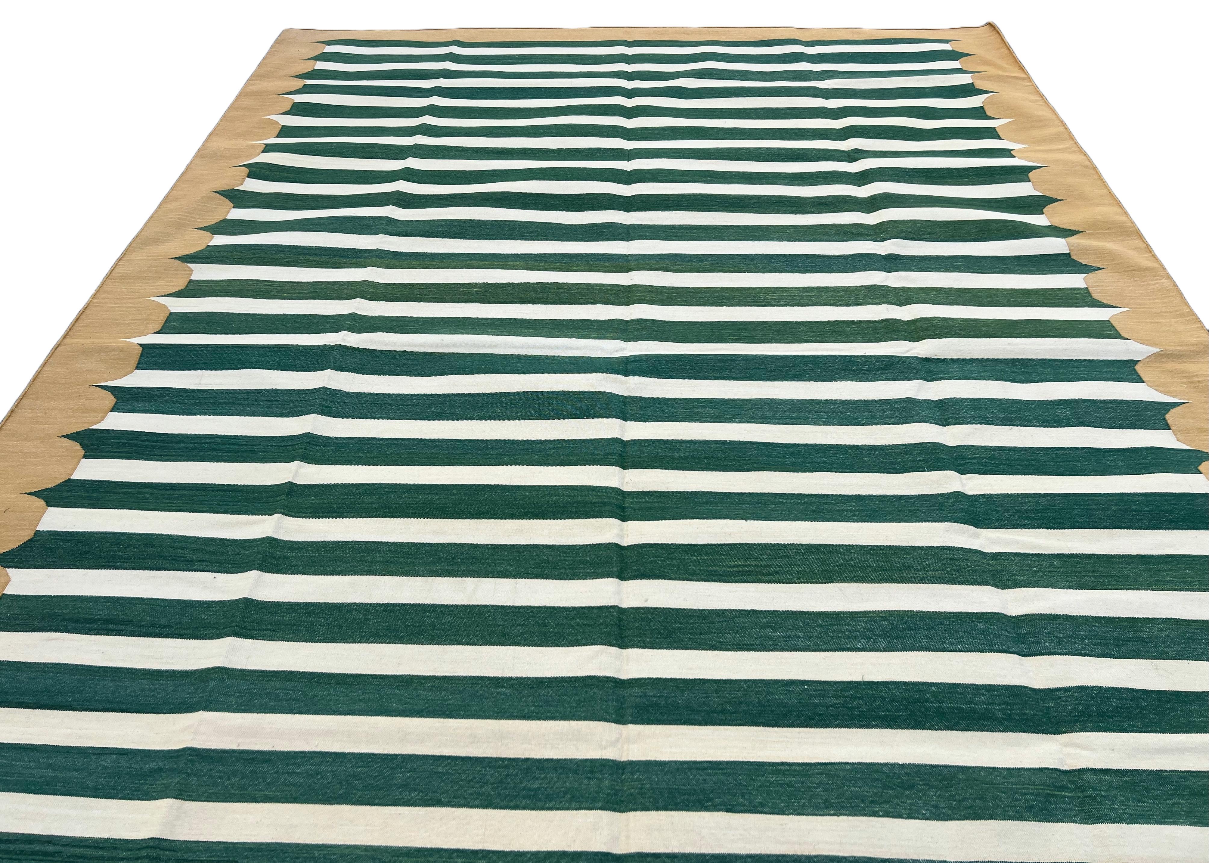 Handmade Cotton Area Flat Weave Rug, Green & Mustard Striped Indian Dhurrie Rug For Sale 5