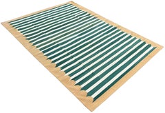 Handmade Cotton Area Flat Weave Rug, Green & Mustard Striped Indian Dhurrie Rug