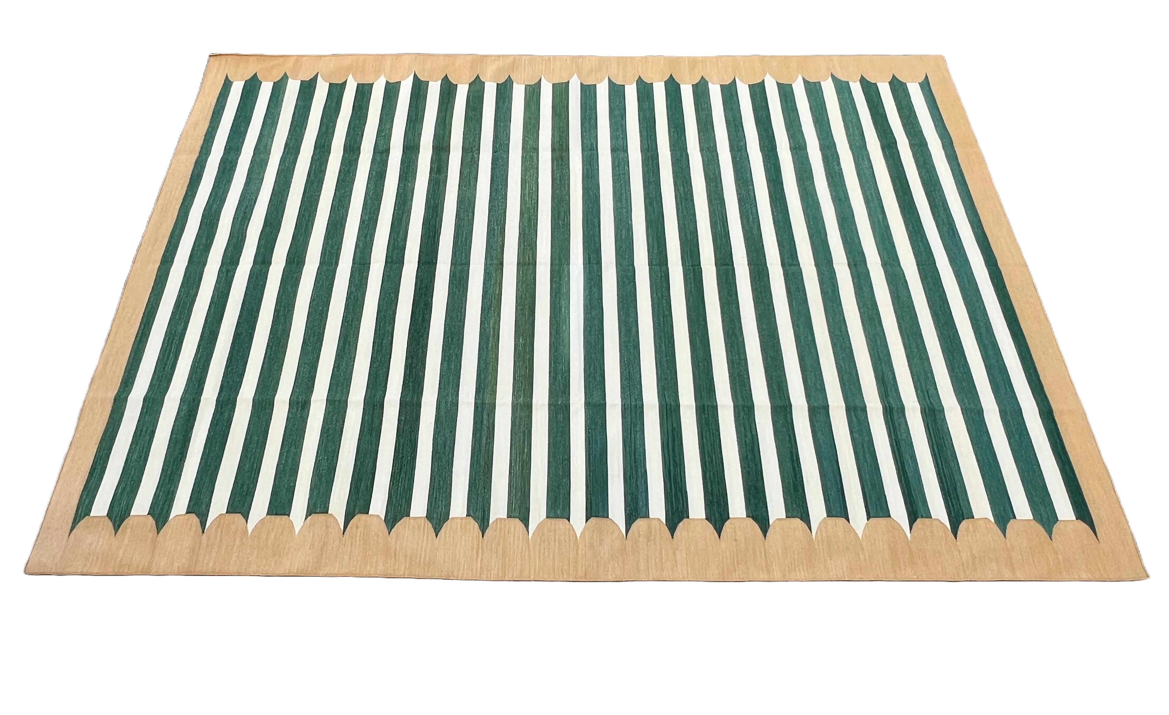 Mid-Century Modern Handmade Cotton Area Flat Weave Rug, Green & Mustard Striped Indian Dhurrie Rug For Sale