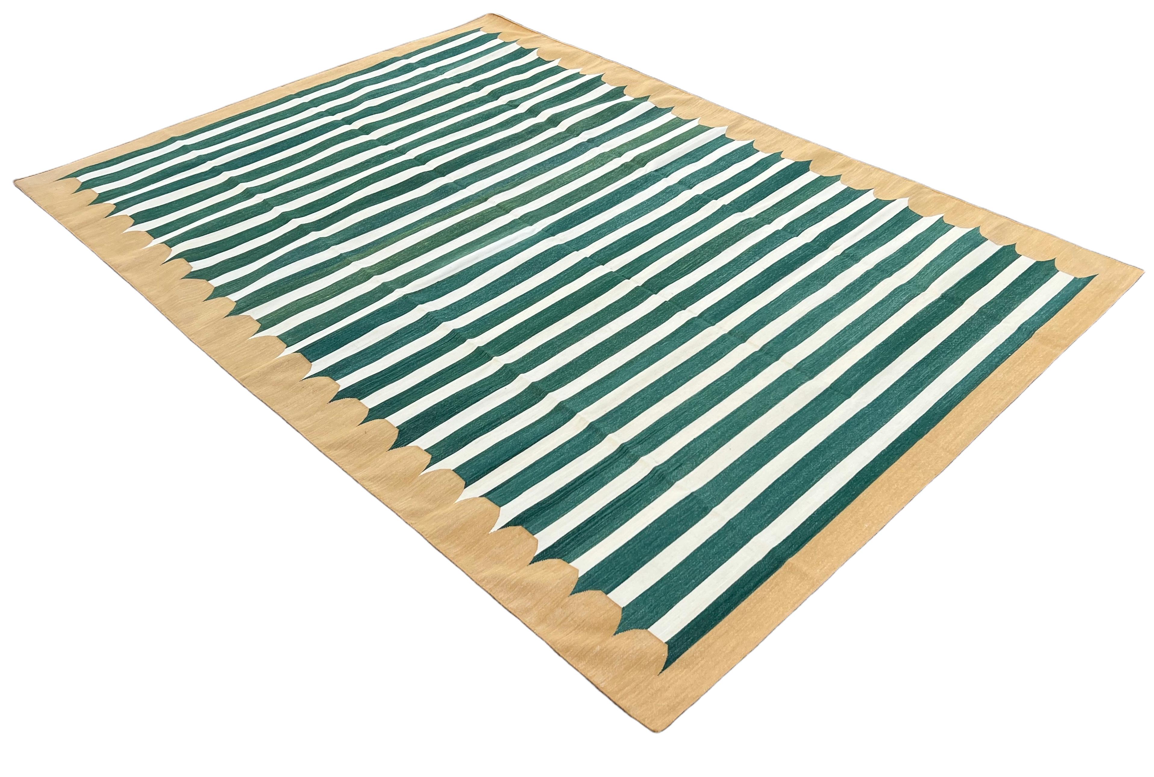 Hand-Woven Handmade Cotton Area Flat Weave Rug, Green & Mustard Striped Indian Dhurrie Rug For Sale