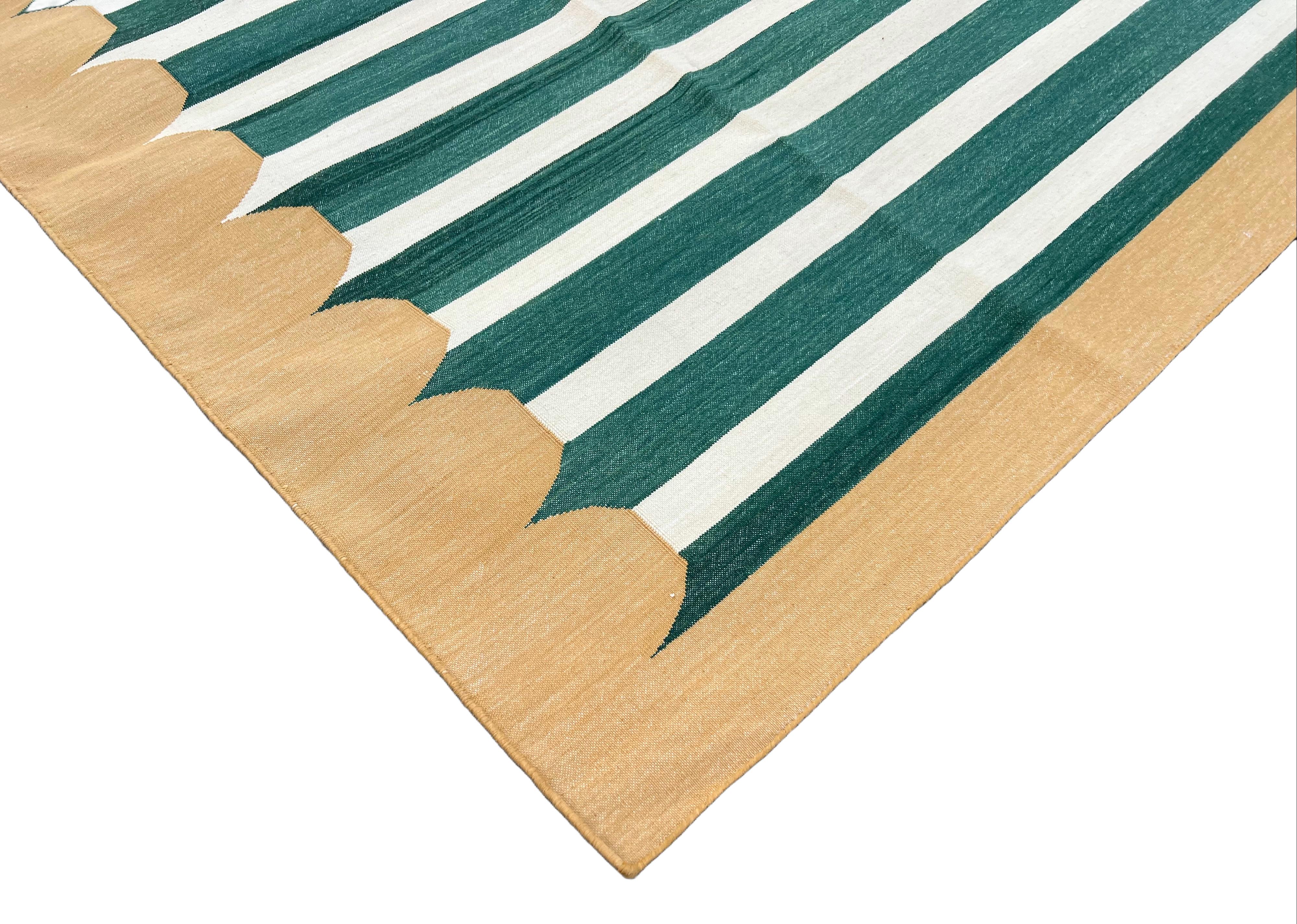 Handmade Cotton Area Flat Weave Rug, Green & Mustard Striped Indian Dhurrie Rug In New Condition For Sale In Jaipur, IN