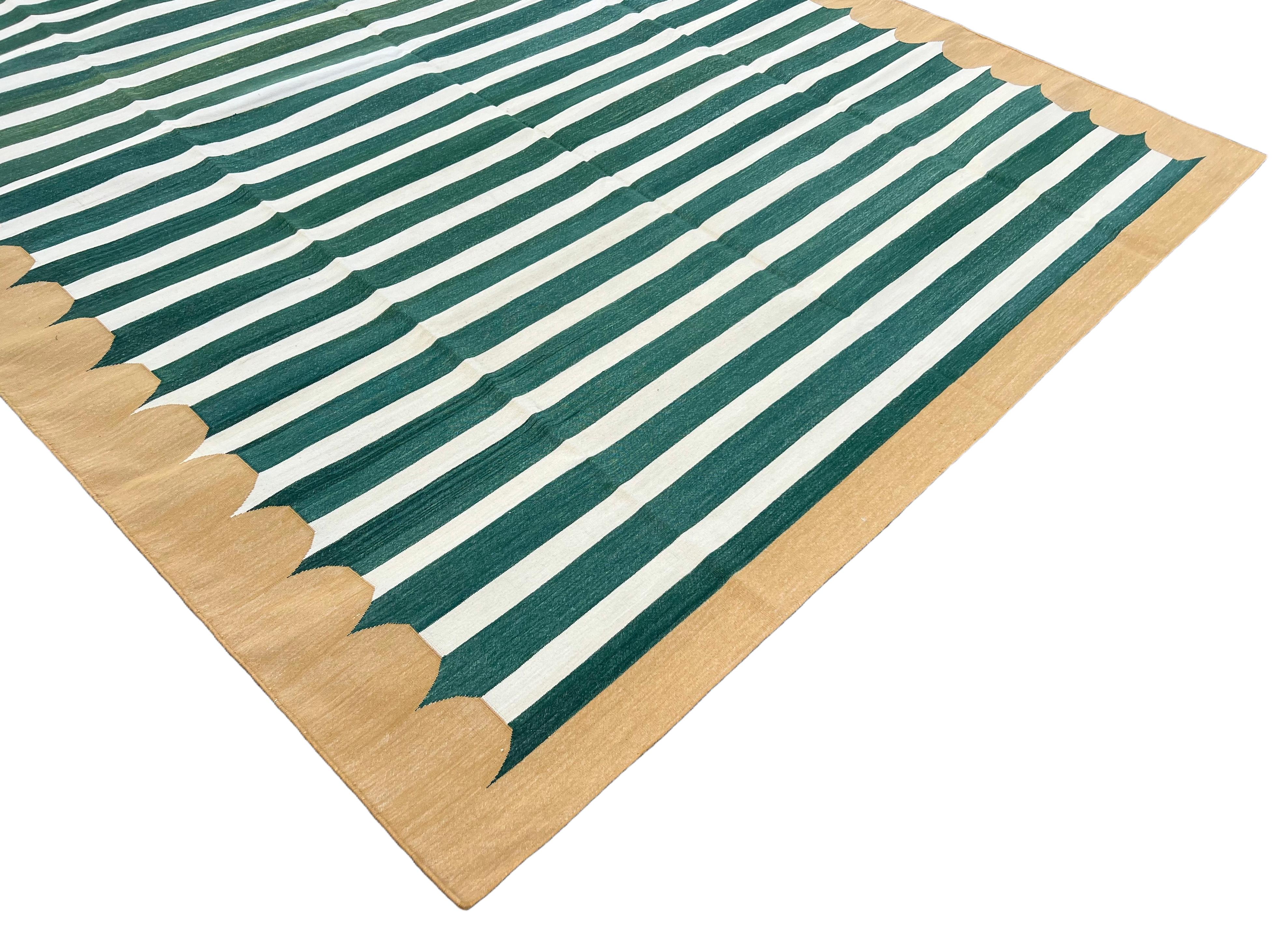 Contemporary Handmade Cotton Area Flat Weave Rug, Green & Mustard Striped Indian Dhurrie Rug For Sale