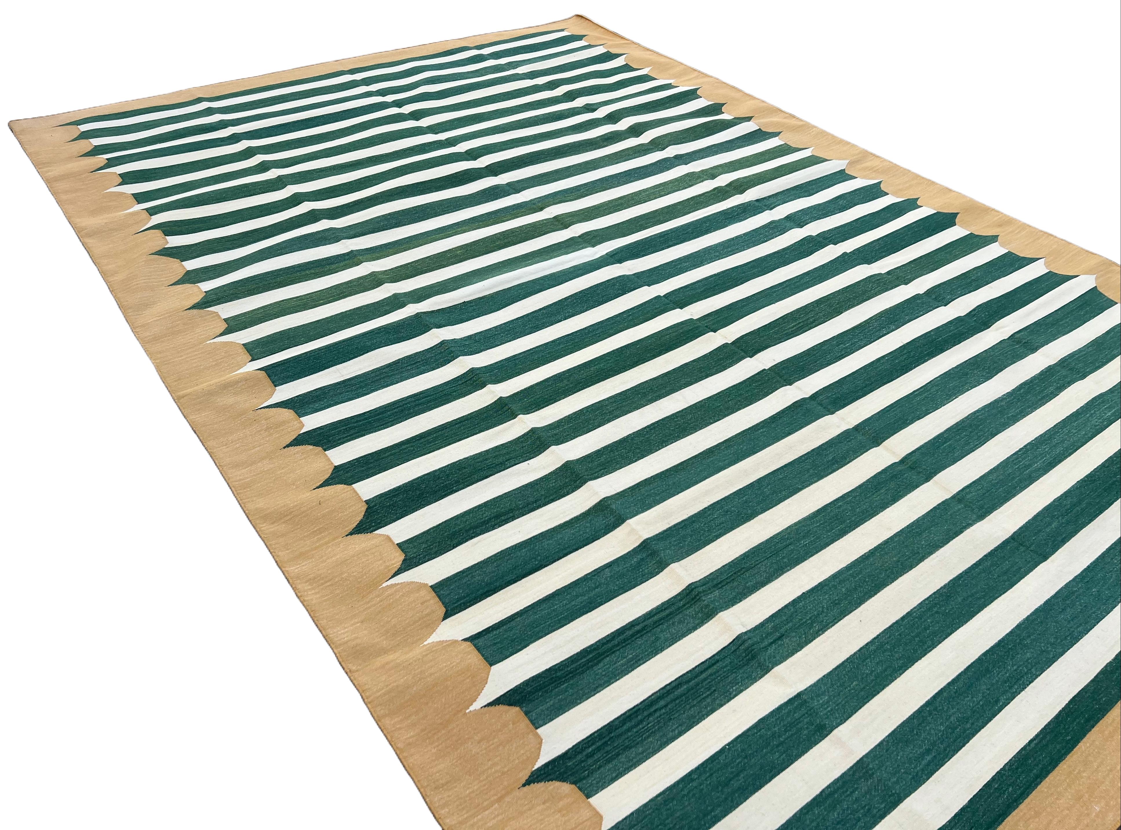 Handmade Cotton Area Flat Weave Rug, Green & Mustard Striped Indian Dhurrie Rug For Sale 1
