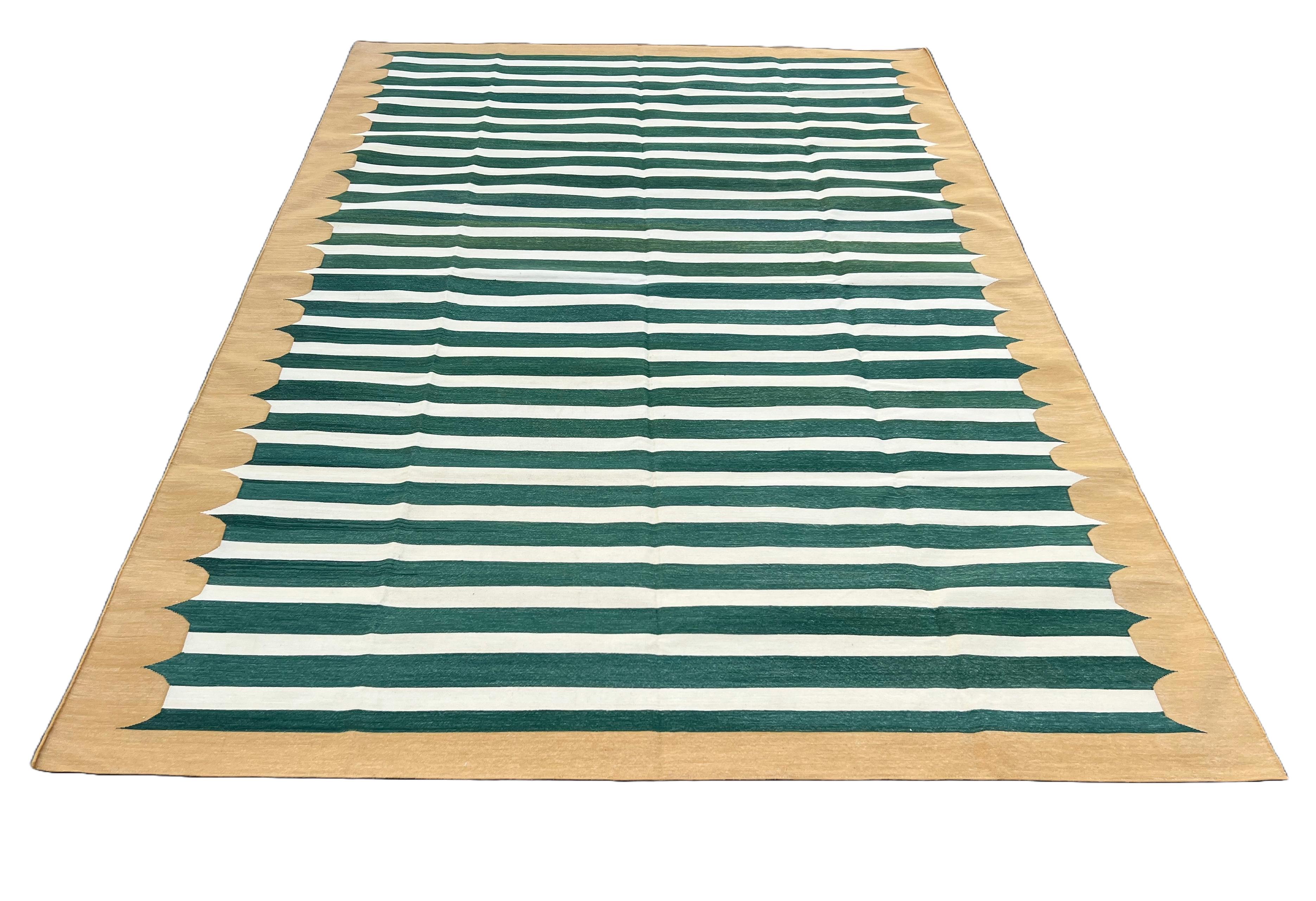 Handmade Cotton Area Flat Weave Rug, Green & Mustard Striped Indian Dhurrie Rug For Sale 2