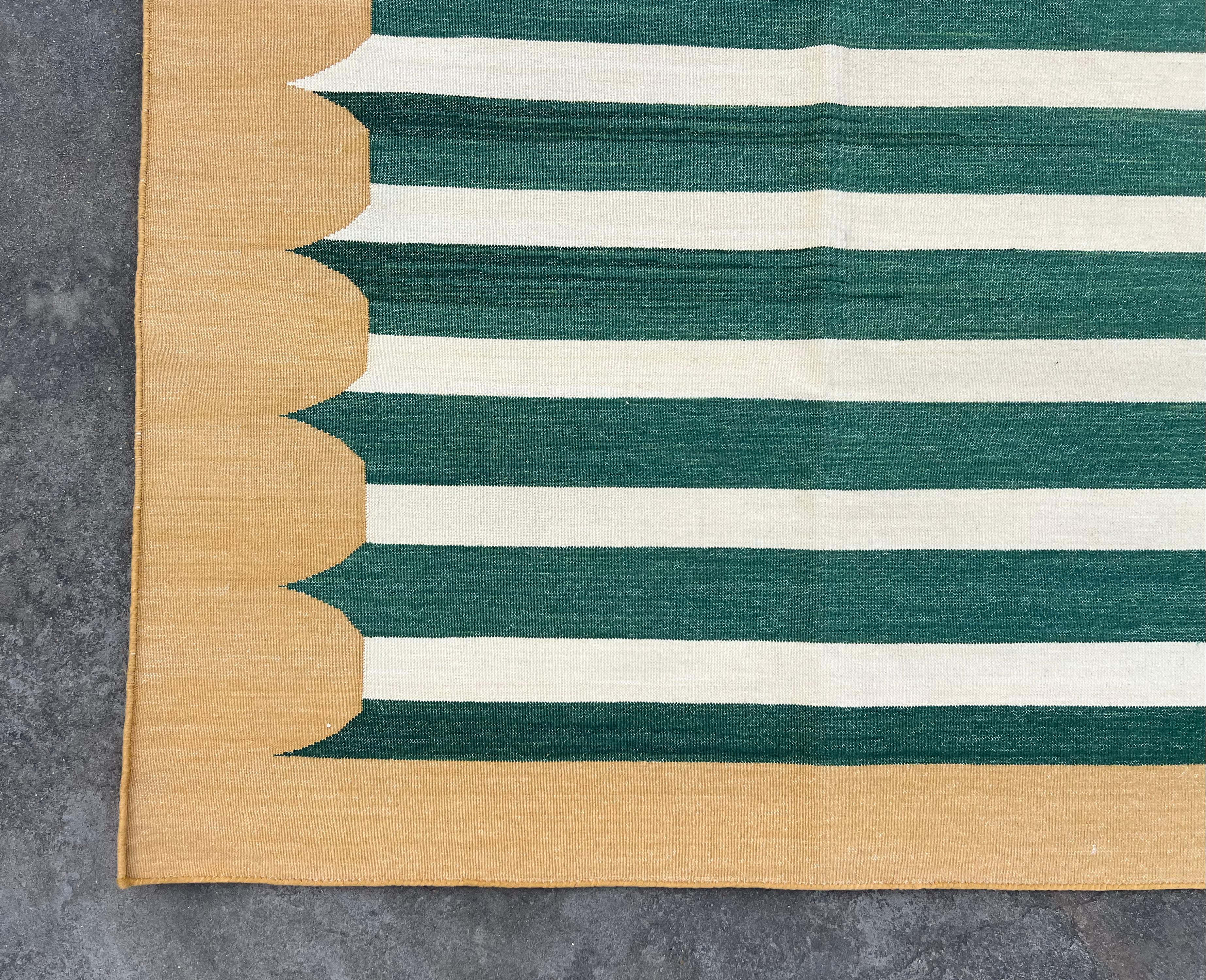 Handmade Cotton Area Flat Weave Rug, Green & Mustard Striped Indian Dhurrie Rug For Sale 3