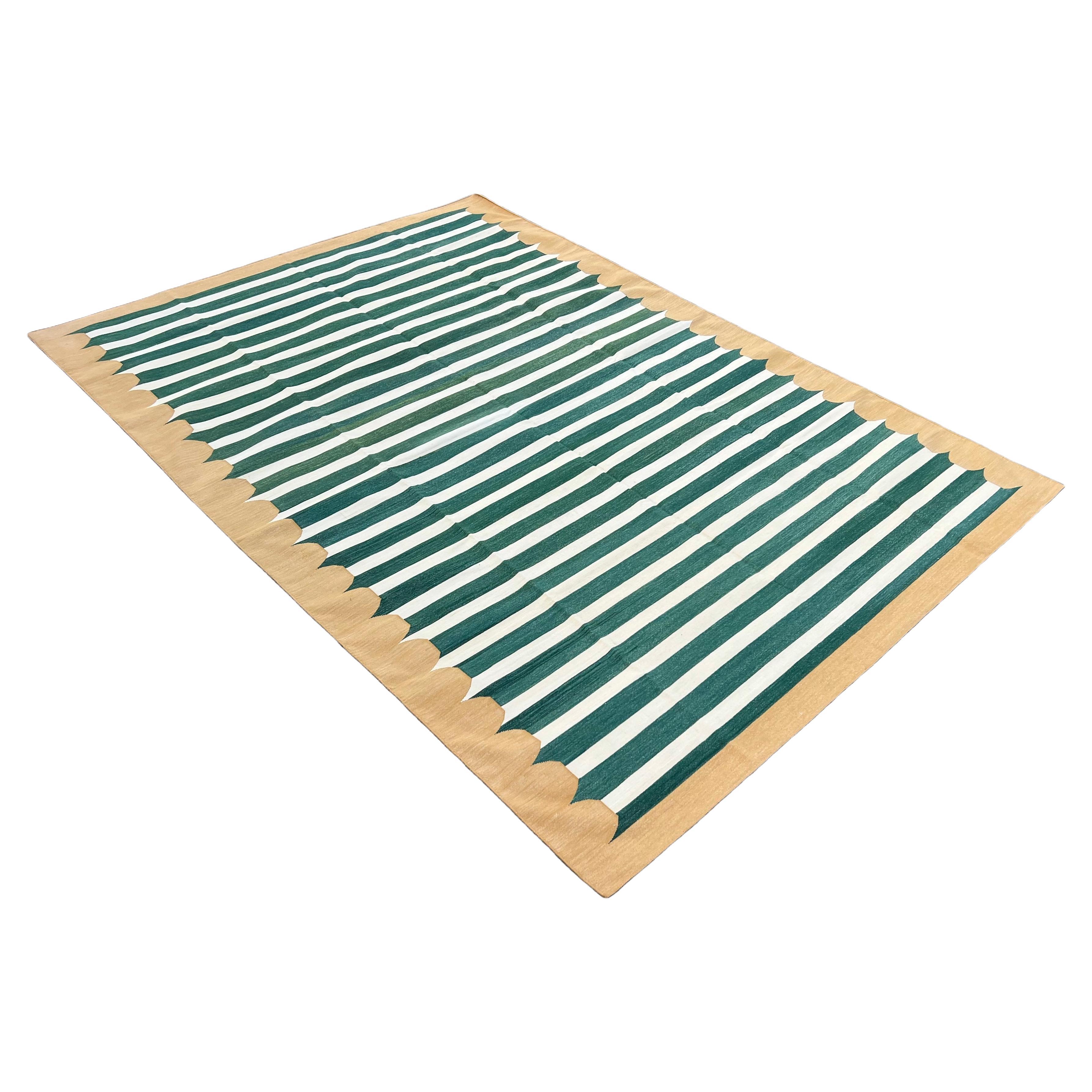 Handmade Cotton Area Flat Weave Rug, Green & Mustard Striped Indian Dhurrie Rug For Sale