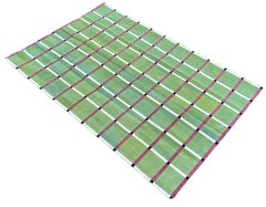 Handmade Cotton Area Flat Weave Rug, Green, Pink Windowpane Check Indian Dhurrie