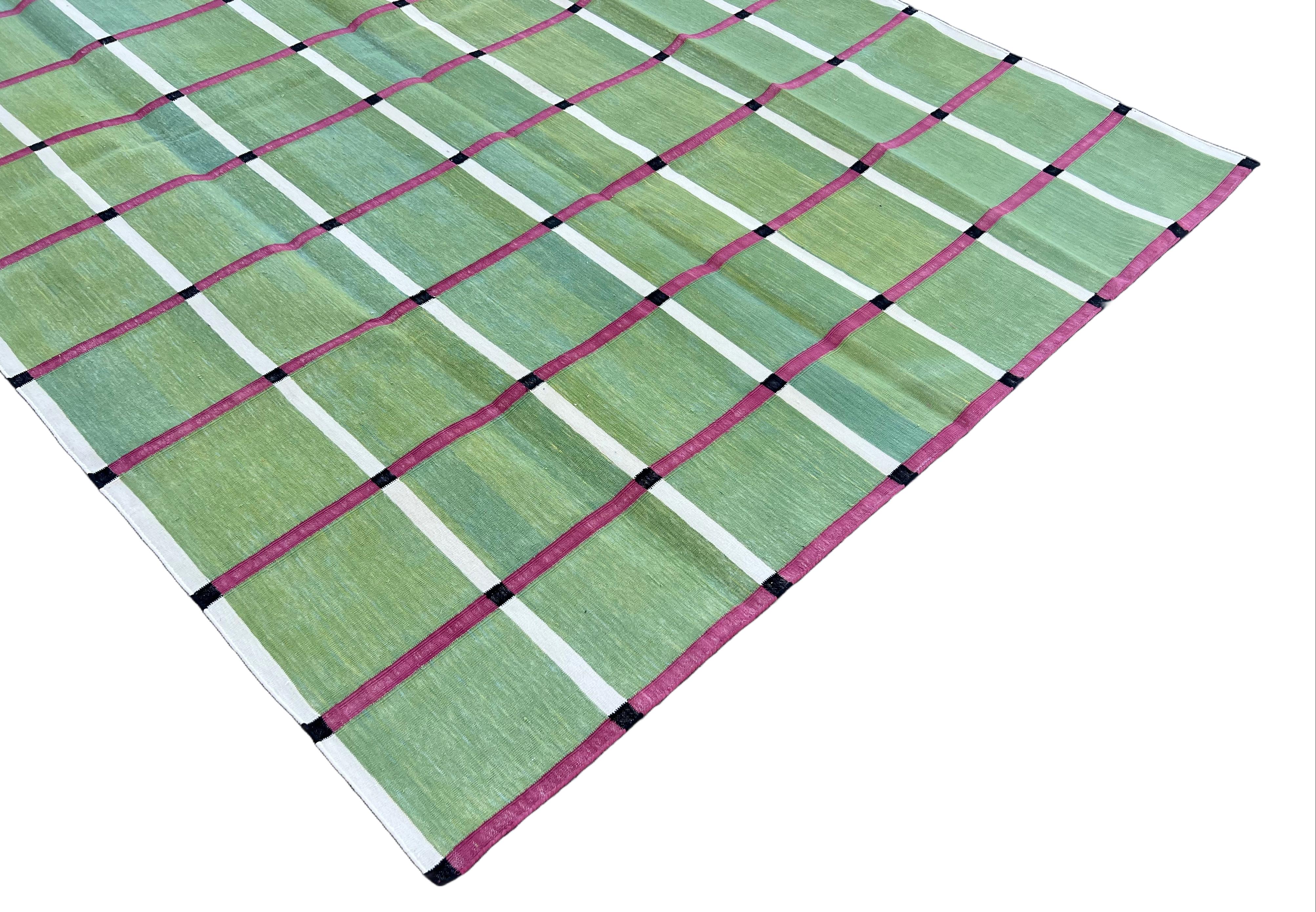 Hand-Woven Handmade Cotton Area Flat Weave Rug, Green, Pink Windowpane Check Indian Dhurrie For Sale