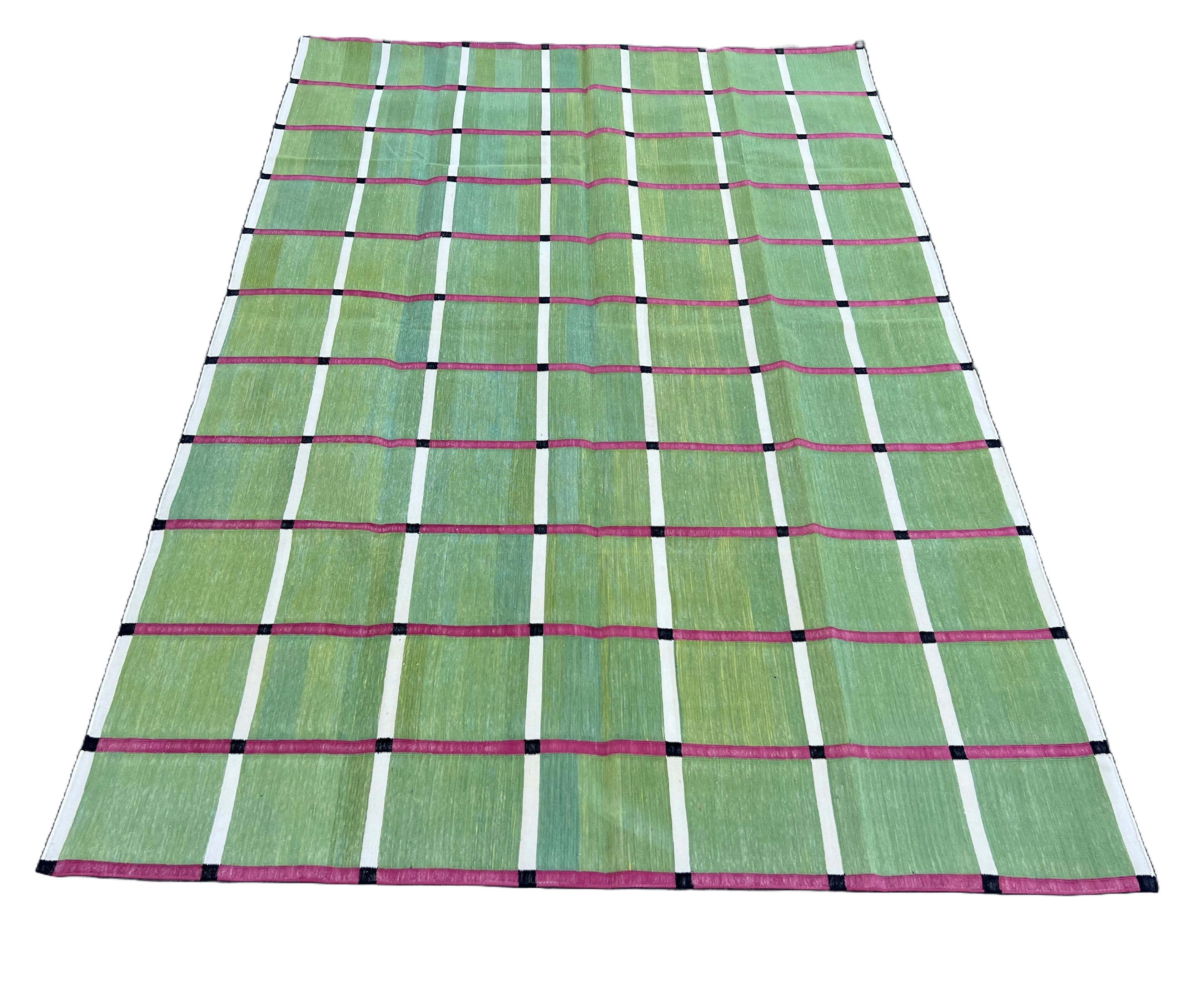 Contemporary Handmade Cotton Area Flat Weave Rug, Green, Pink Windowpane Check Indian Dhurrie For Sale