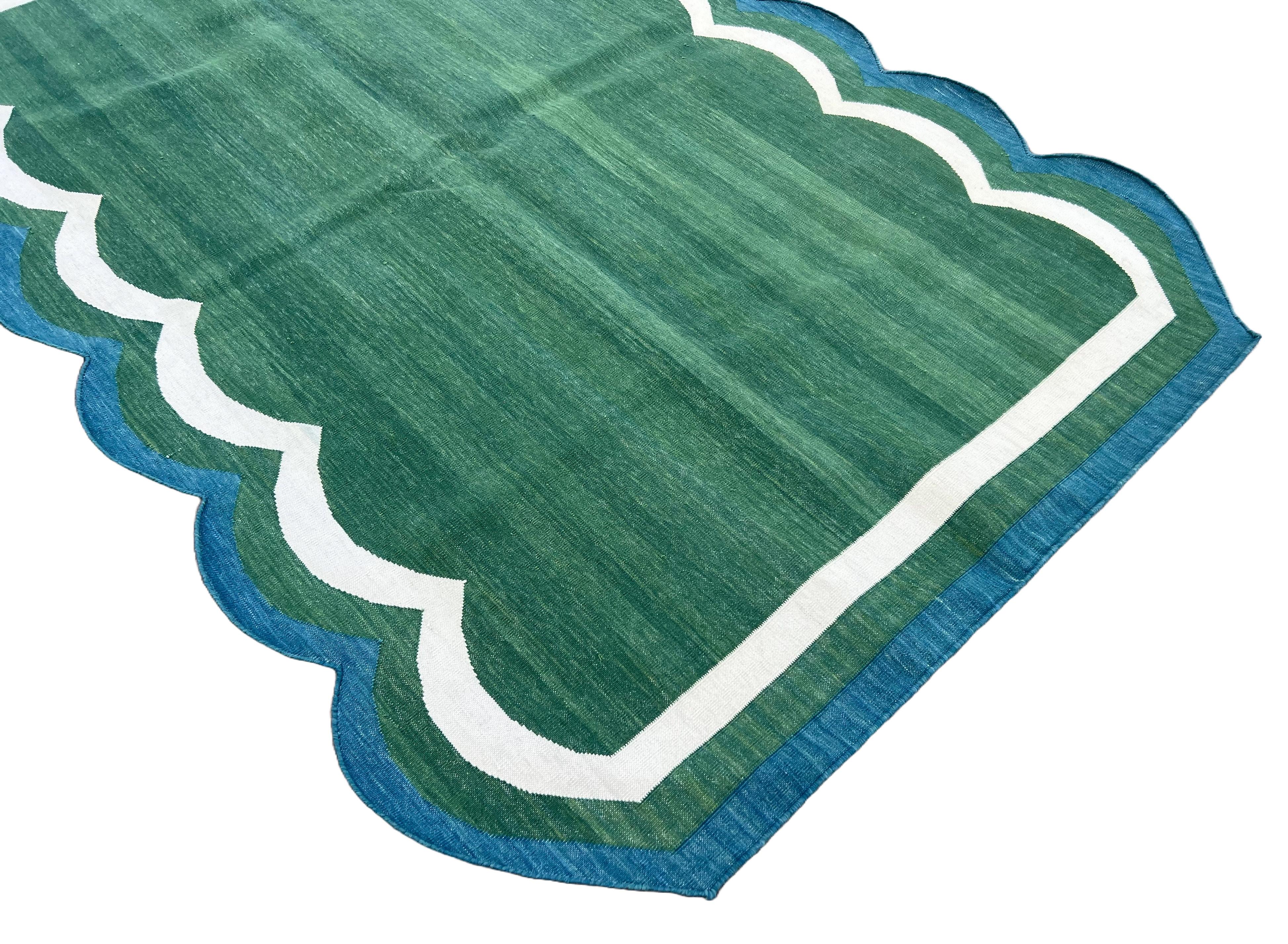Handmade Cotton Area Flat Weave Rug, Green & Teal Blue Scalloped Indian Dhurrie For Sale 4