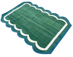 Tapis en coton tissé à plat, vert et bleu sarcelle festonné Indian Dhurrie