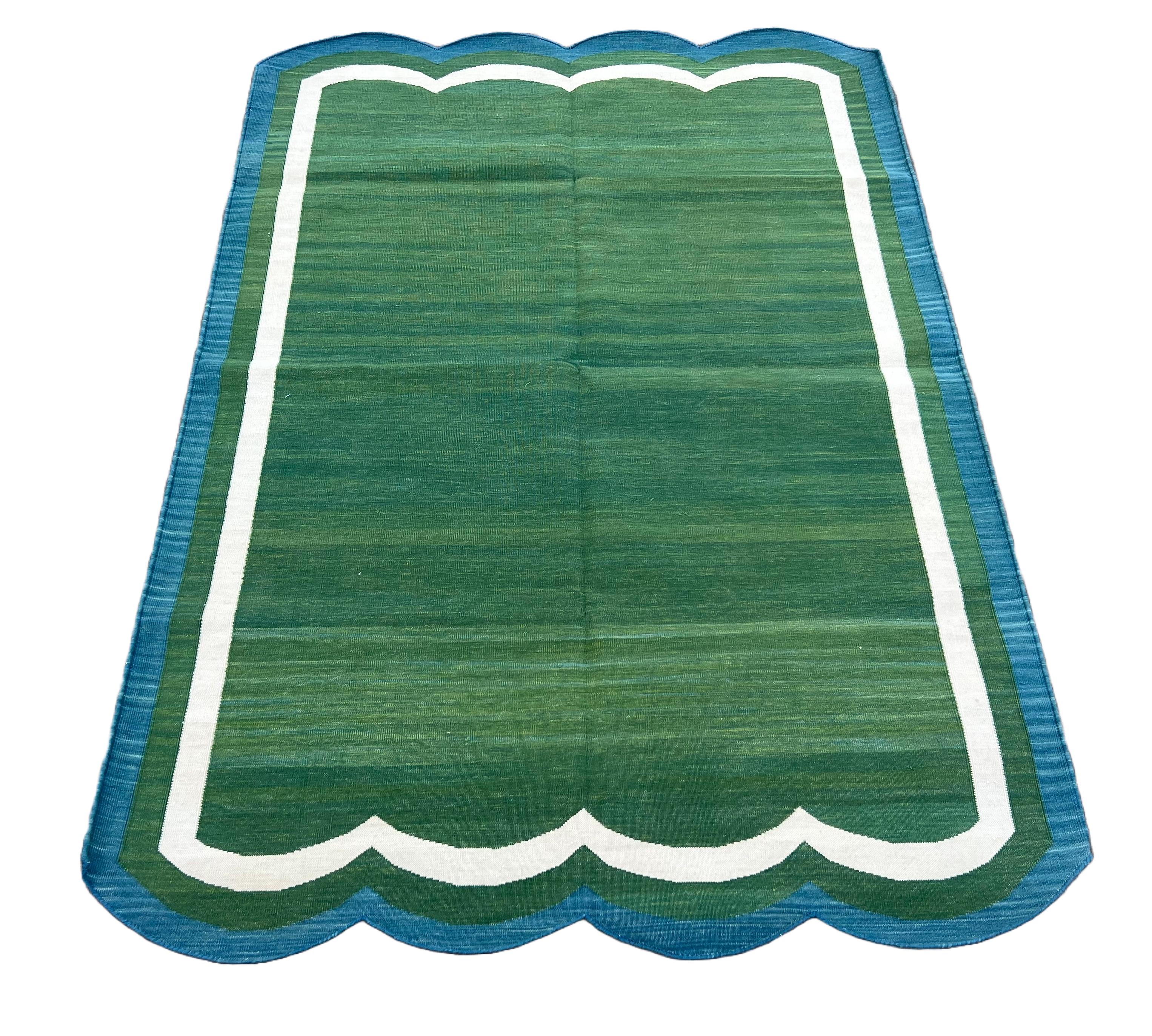 Handmade Cotton Area Flat Weave Rug, Green & Teal Blue Scalloped Indian Dhurrie For Sale 1