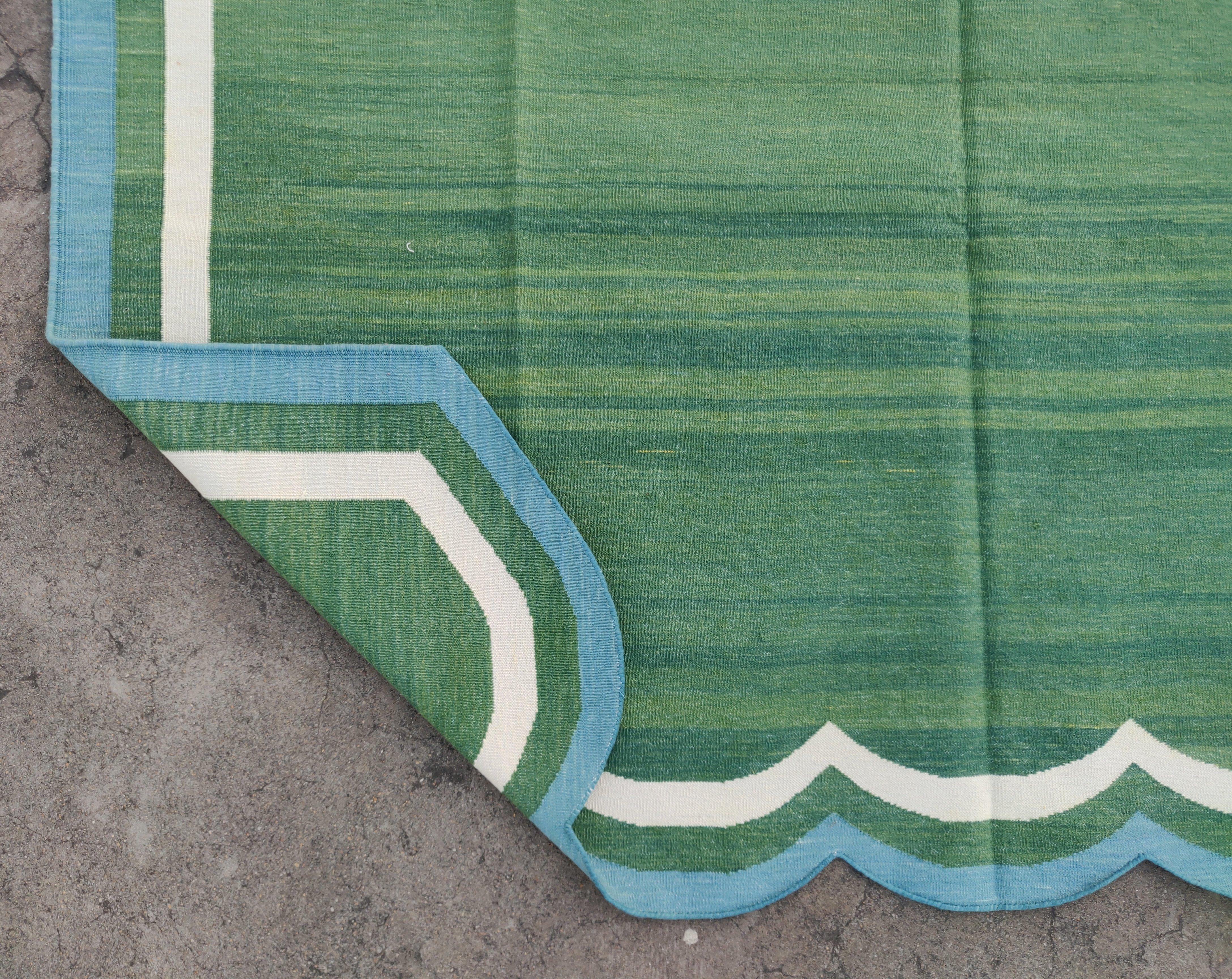 Handmade Cotton Area Flat Weave Rug, Green & Teal Blue Scalloped Indian Dhurrie For Sale 1